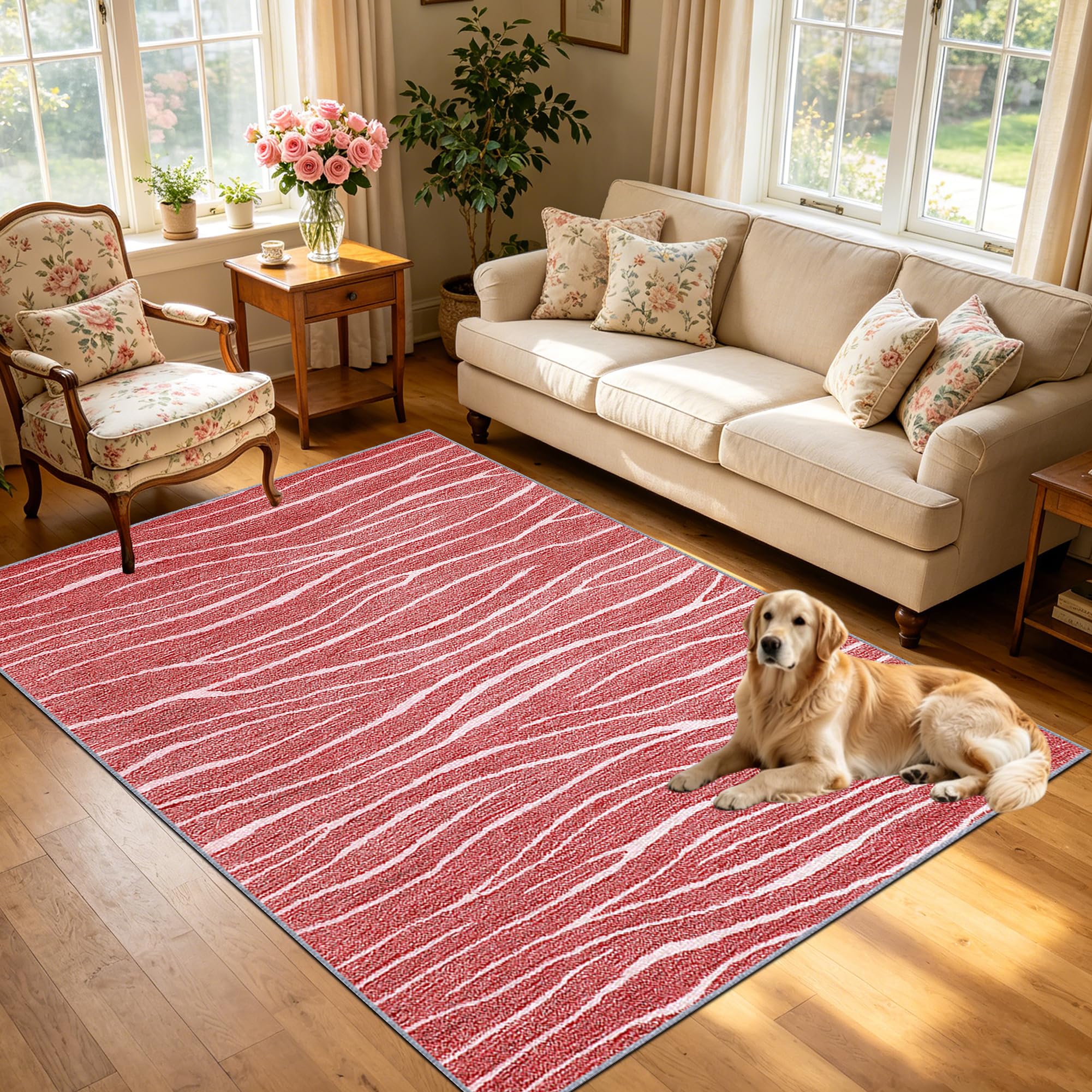 Dywan do salonu antypoślizgowy dywanik obszarowy można prać w pralce dywanik do sypialni do kuchni, jadalni, biura 200 x 210 cm czerwony