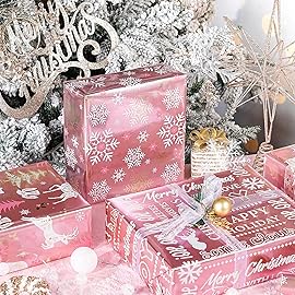 RUSPEPA Pink Christmas Wrapping Paper Set, Jumbo Roll, Reindeer, Bear, Snowflake, Greeting and Tree with Rose Gold Foil, Elegant Gift Wrap for Holiday Gifts, 4 Rolls, 30 inches x 10 feet per Roll