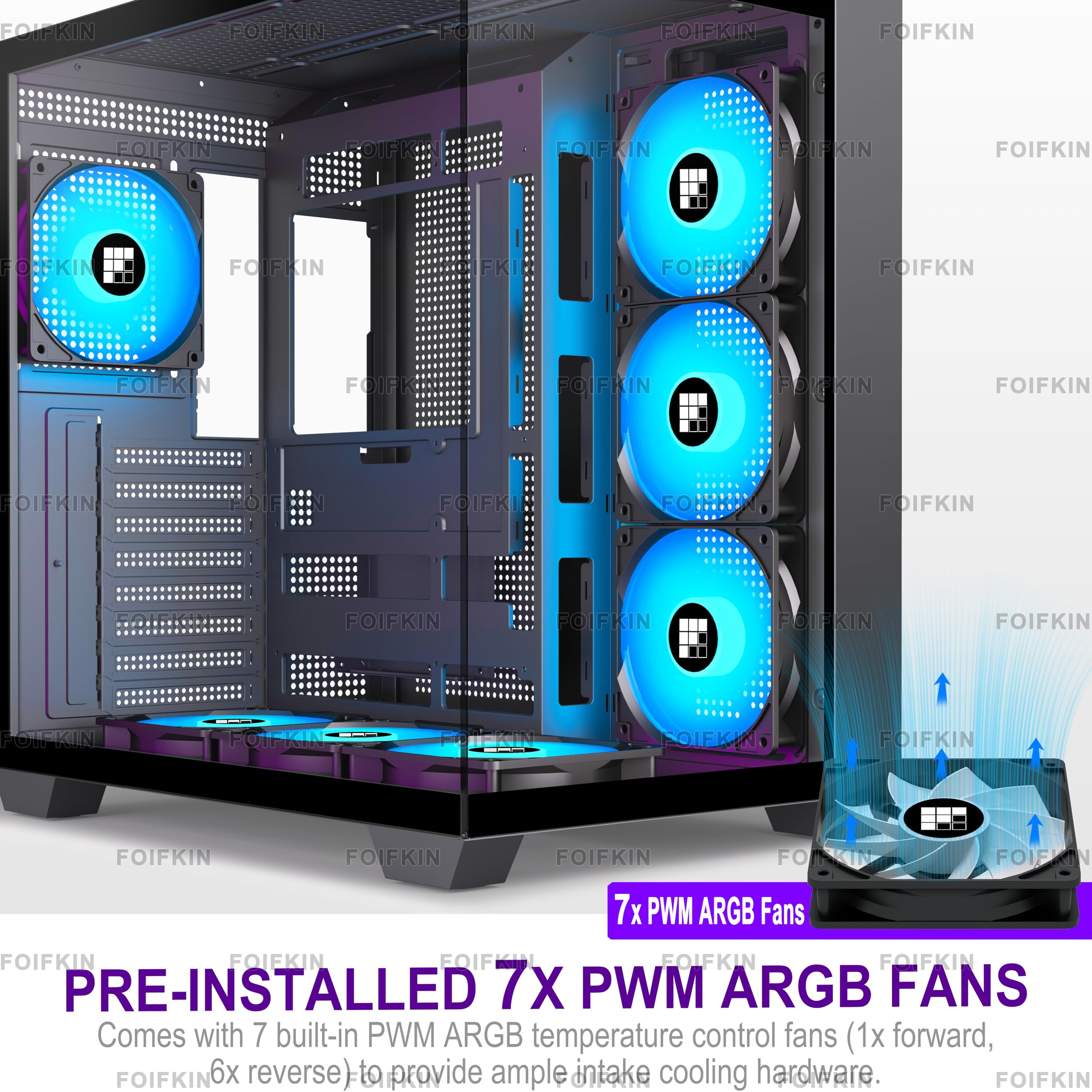 FOIFKIN F300 PC Gehäuse ATX mit 7 PWM ARGB Lüfter,Hoher Luftstrom Mid-Tower Computer Gehäuse,Gaming PC-Gehäuse Big Tower,ATX Gehäuse,mit Type-C,360mm Rad Computergehäuse (Schwarz, F300)