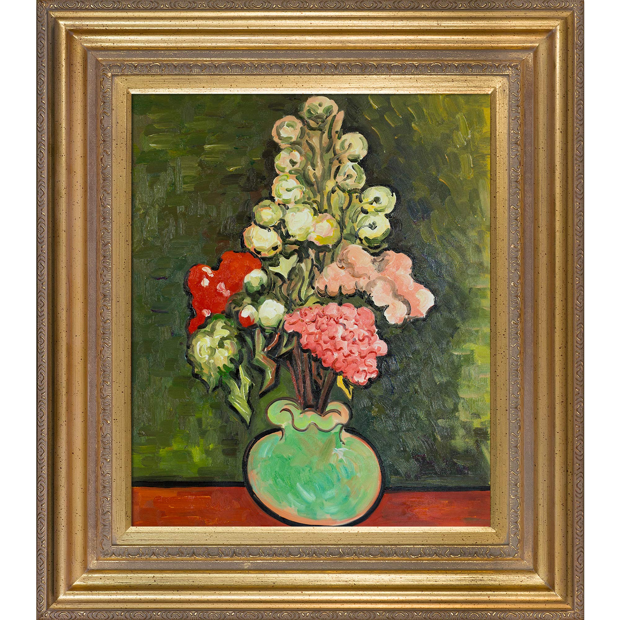 overstockArt Still Life Vase with Rose-Mallows by Vincent Van Gogh with Mediterranean Gold Frame, oil, 34" x 30"