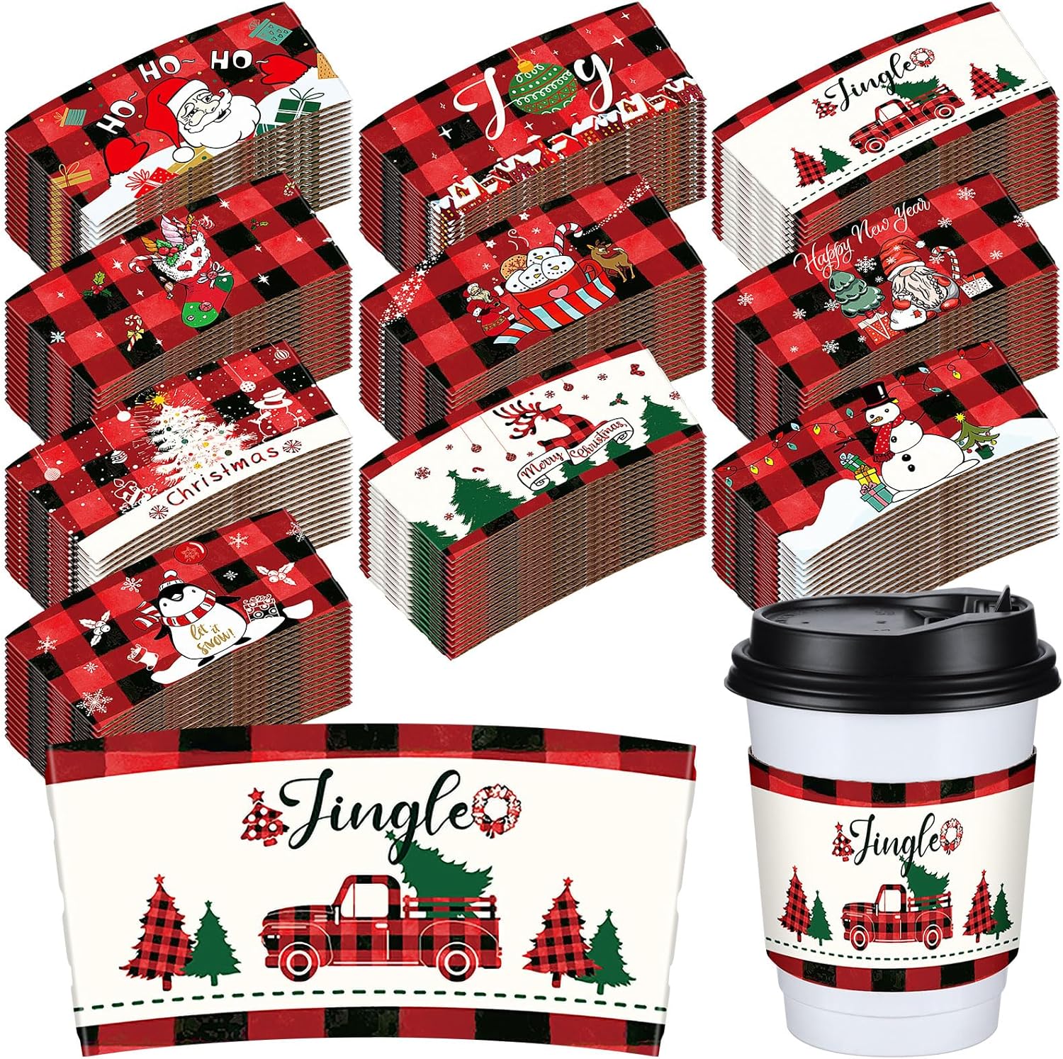 Layhit 500 Pcs Christmas Coffee Cup Sleeve Disposable Corrugated Paper Cup Sleeve Jacket Double Layer Heat Insulated for Home Office Xmas Party Hot Chocolate Cocoa Cold Beverage (Checkered Style)