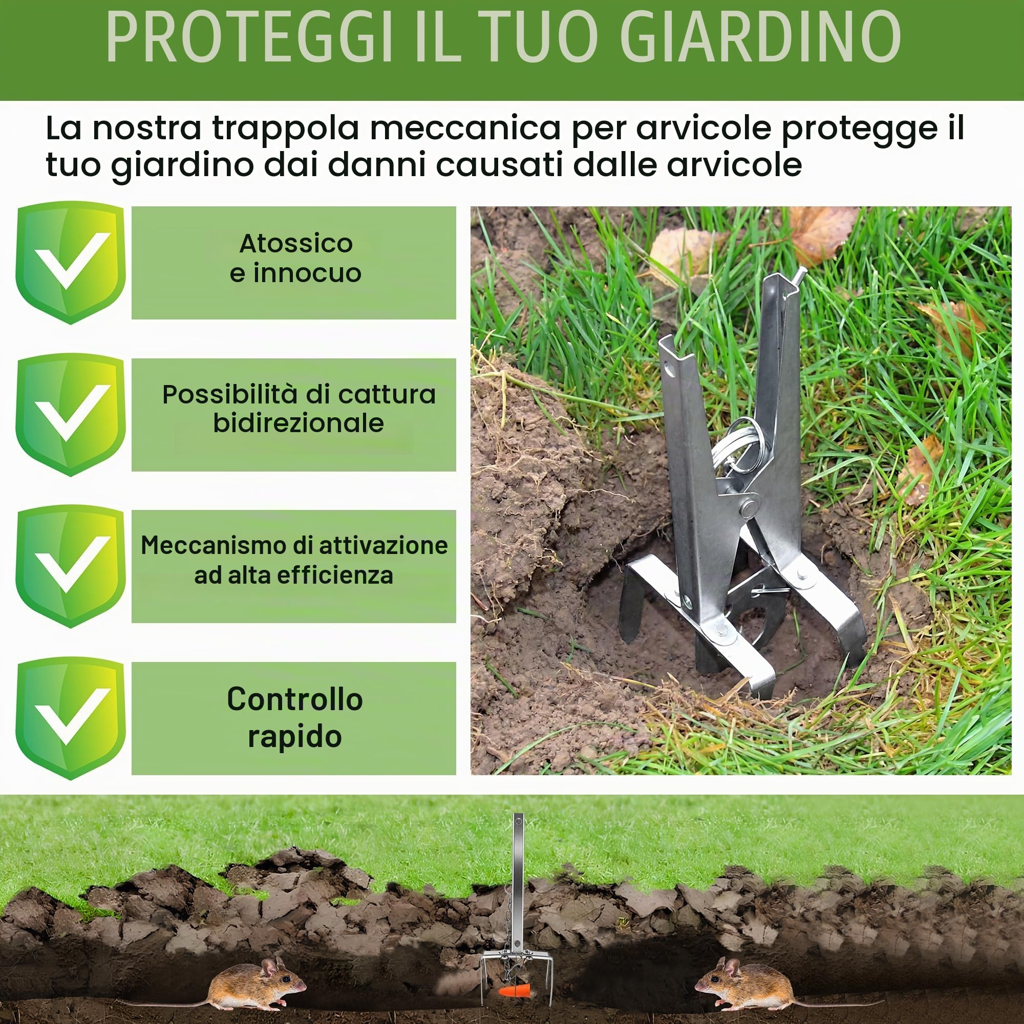 Enhon Trappola per Arvicole con Catena, 4 Pezzi - Affilata e Riutilizzabile - Trappola per Arvicole con Clip - Cattura su Entrambi i Lati | Efficace Trappola per Topo Campagnolo per Giardino e Prato