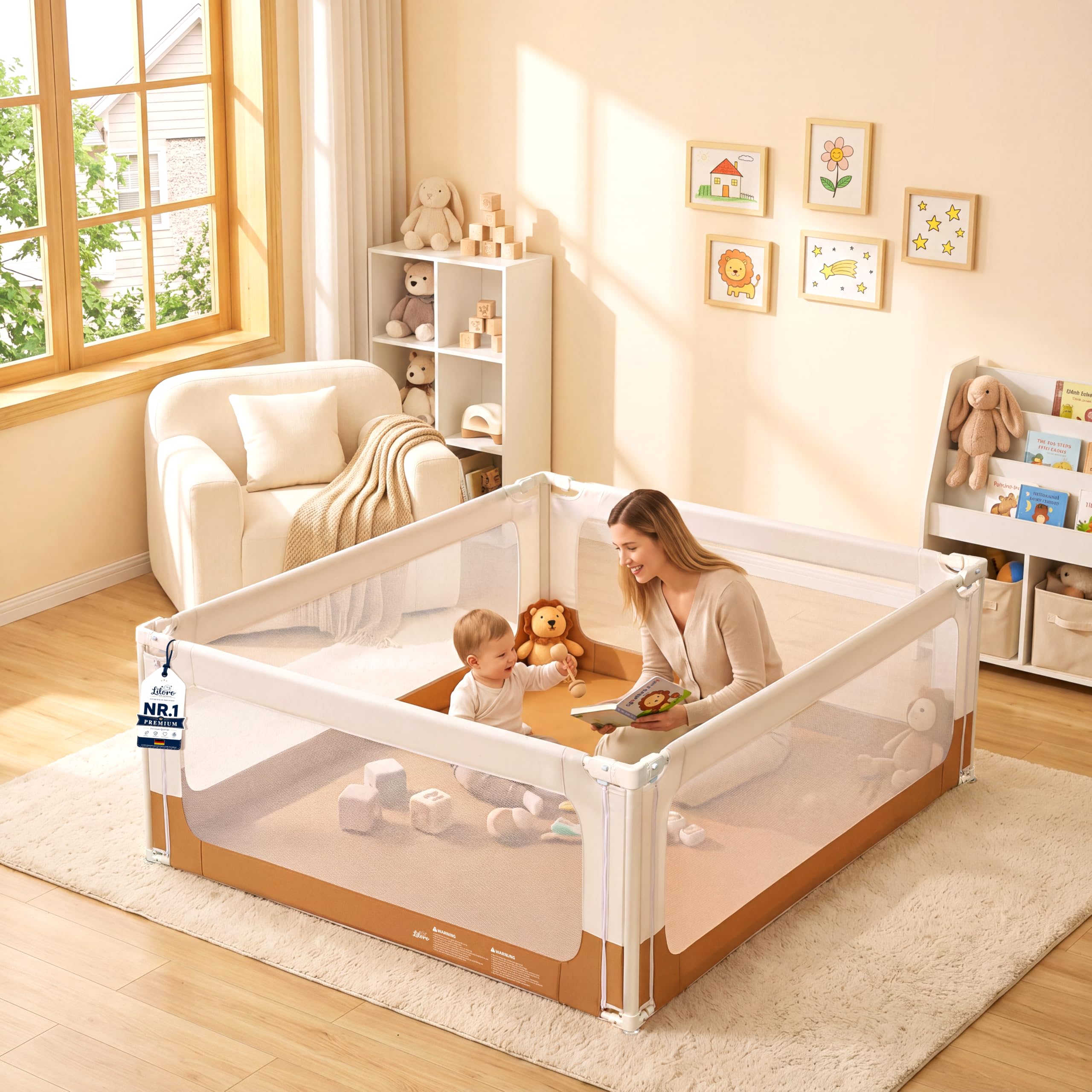 Liloro Baby Playpen for Babies and Toddlers, 127x127 CM Baby Play Pen with Reinforced Wide Corner Posts, Double Safety Lock Indoor Playpen, Breathable Mesh, Safe Playpen for Baby Crawling and Walking