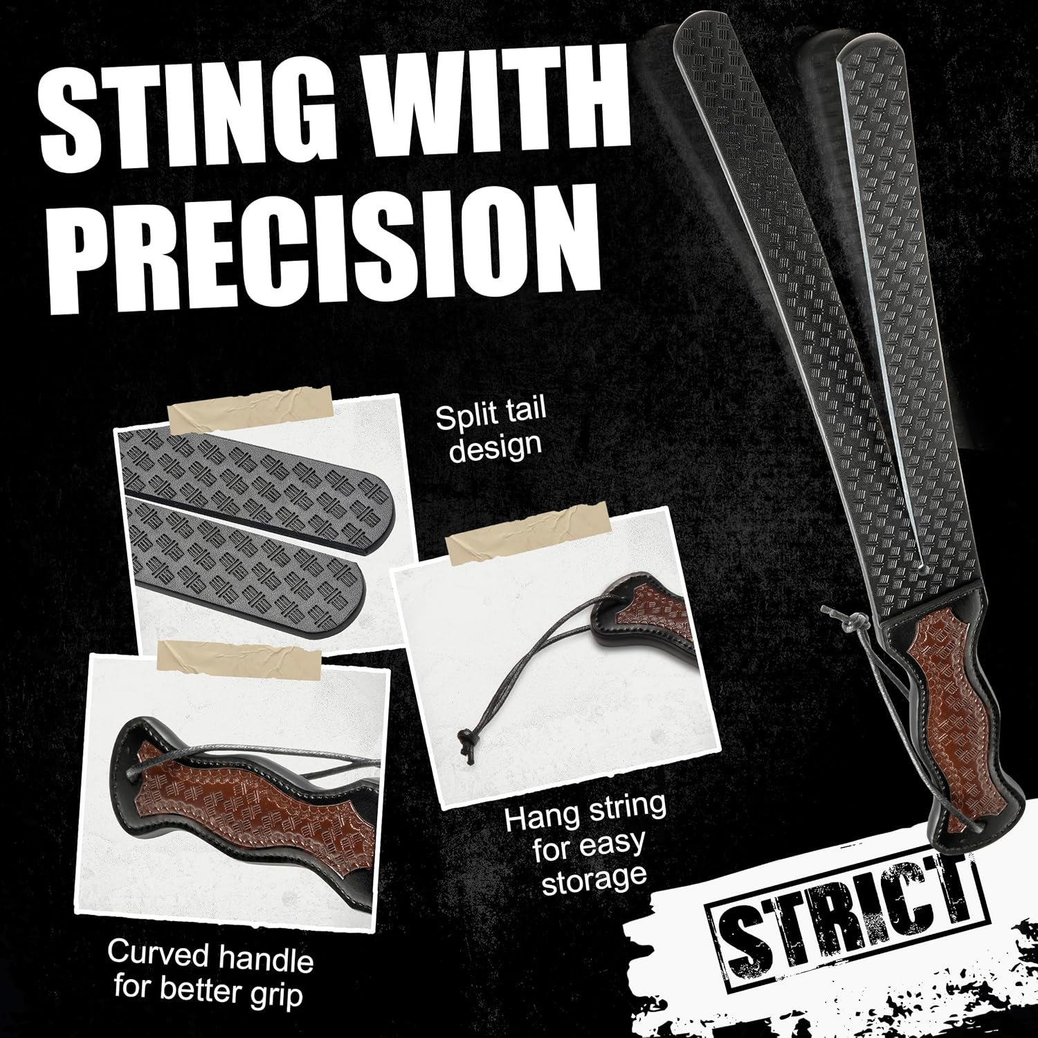 STRICT Scottish Tawse for Beginners, Men, Women, & Couples. Scottish Design and Split Tongue. Vegan Leather, Curved Handle. 1 Piece, Black & Brown.