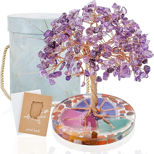 ZenBless Árbol de piedras de cristal curativo de 7 chakras alambre de hoja de piedra de cristal colorido envuelto en base de ágata natural