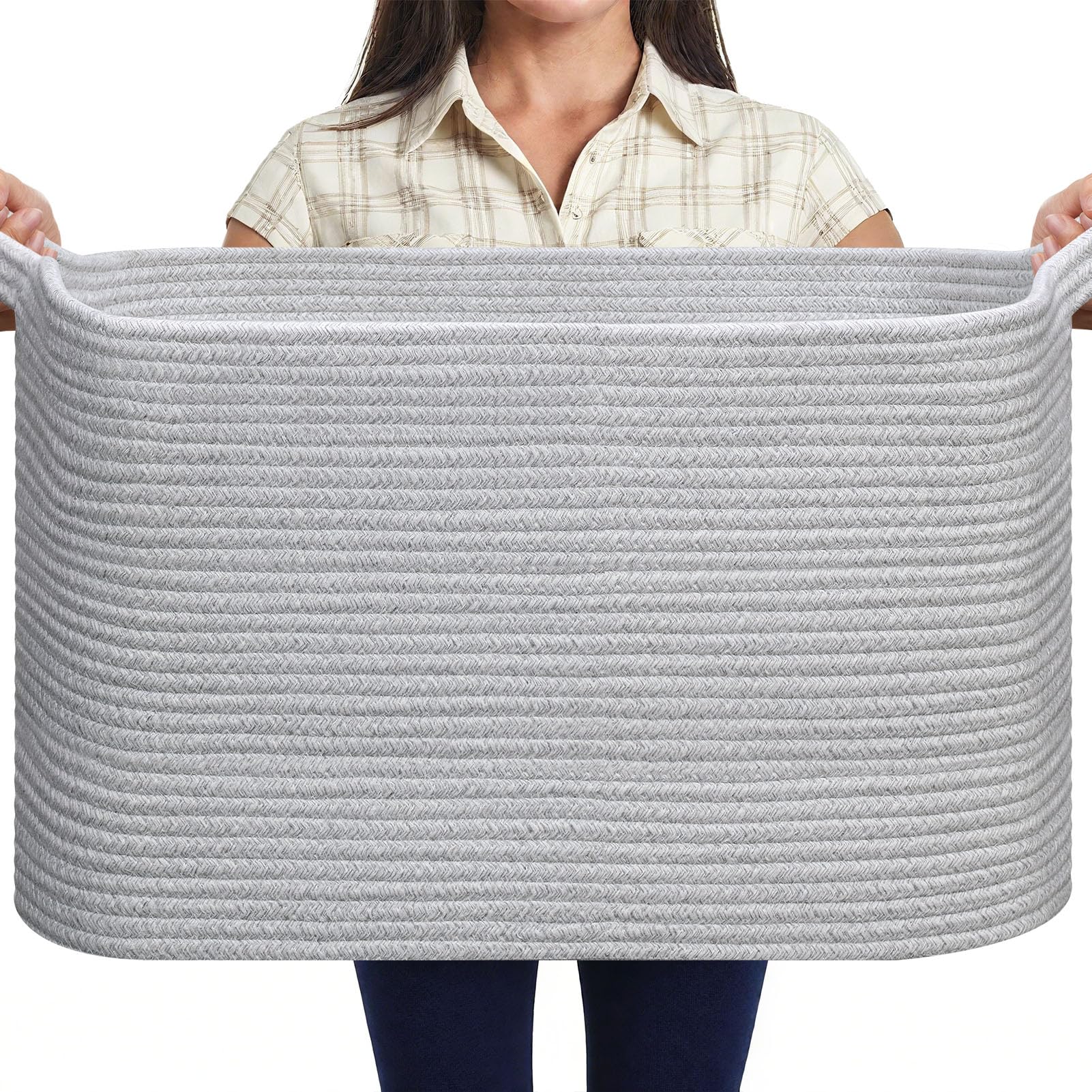 MOLMO Large Woven Storage Basket, 65L Laundry Hamper for Washing, Cotton Rope Bin for Dirty Clothes, Toy Organizer for Kids, Blanket Basket for Living Room(Heathered&Grey)