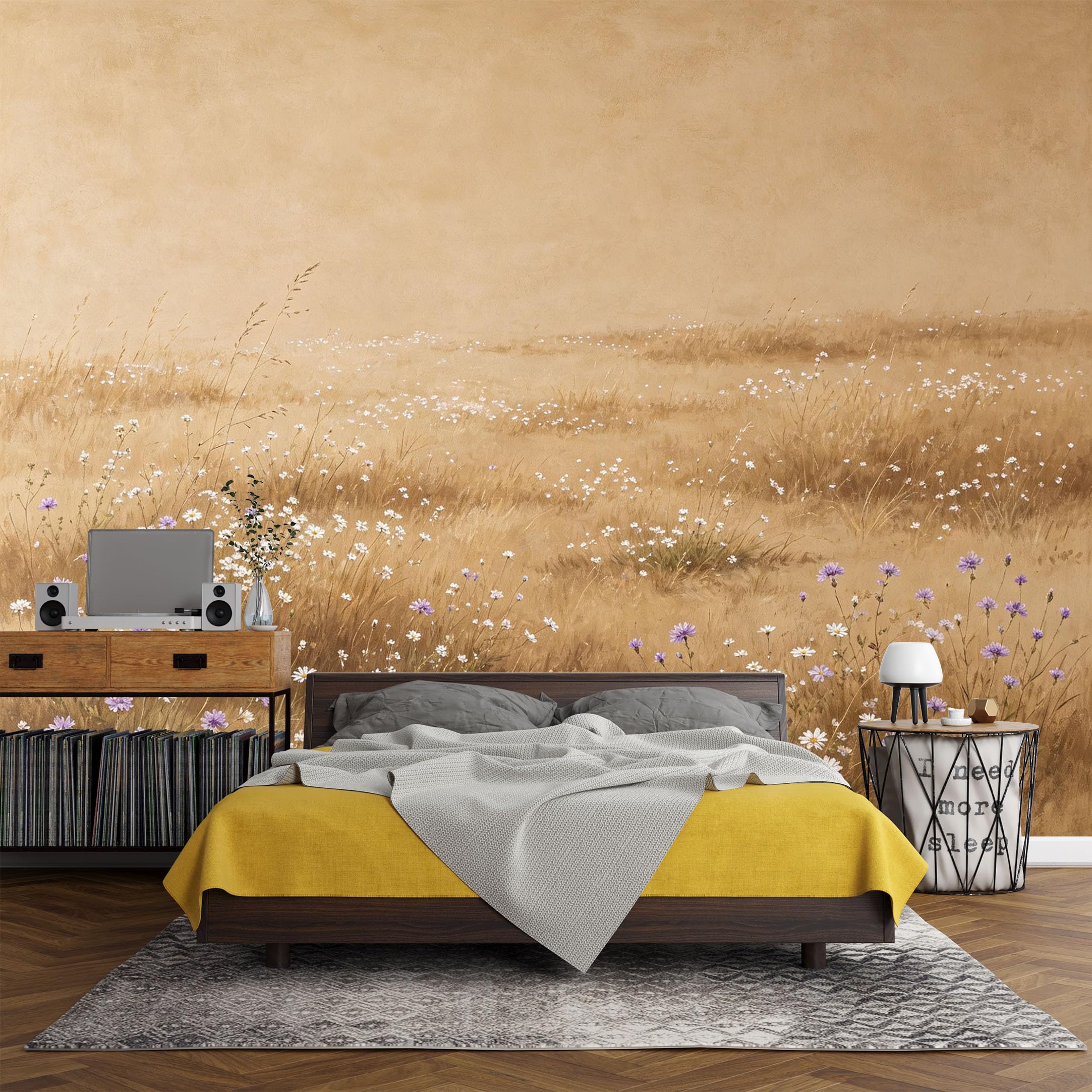 Custom Size Wall Mural， Landscape Wildflower Meadow Daisy Grasses Field Minimalist Nature Art，SelfAdhesive Art Prints wall Fabric (No PVC) Removable Wallpaper Living Room Decor