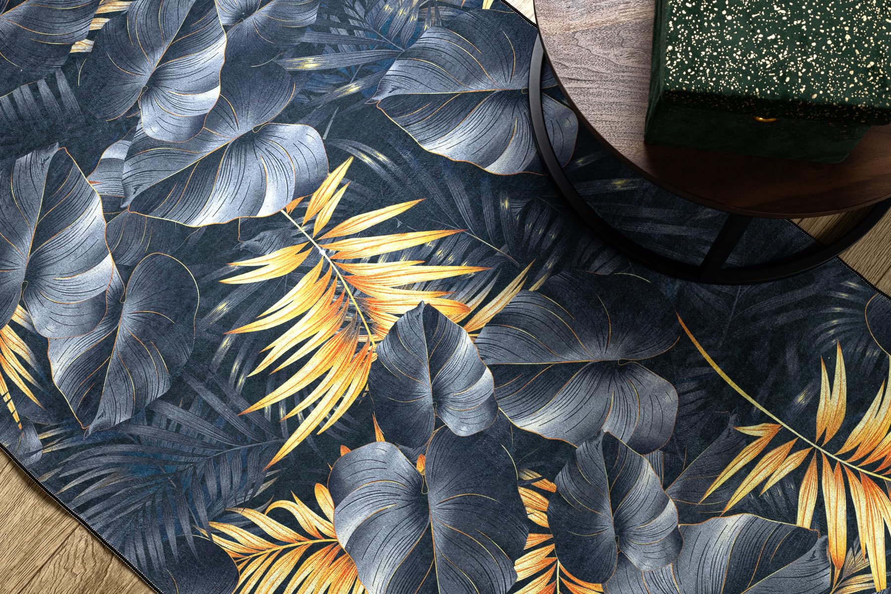 rugsx Tapis Antidérapant Lotus Ferns 45270 Feuilles Gris/Or - Lavable - 60x350 cm - Tapis de Couloir Antiglisse pour Cuisine et Entrée
