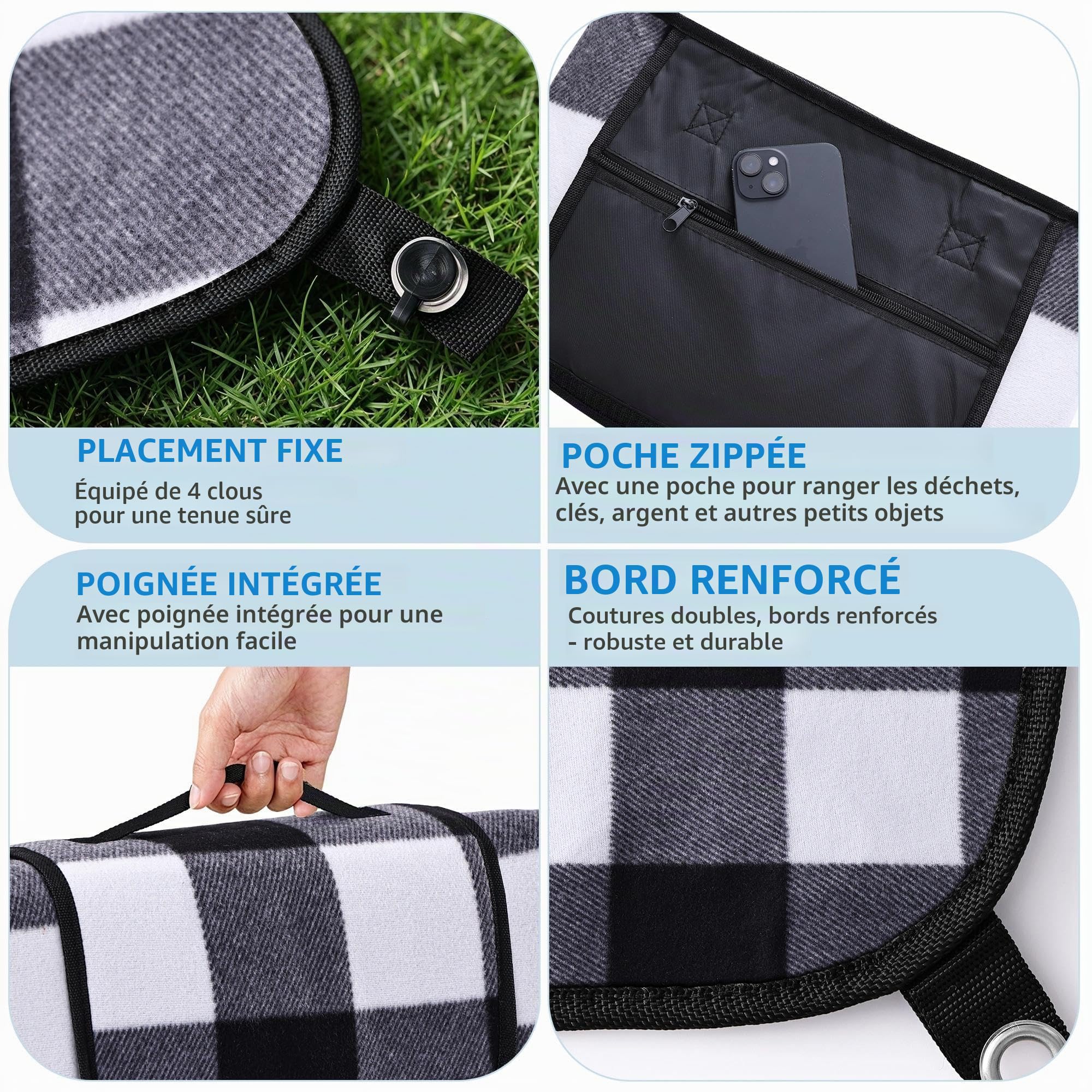 Gucass 200 x 200 cm Couverture de Pique-Nique imperméable - avec poignée de Transport, Pliable, sans Sable, Lavable, pour Barbecue, Randonnée, Voyage (Grille Noire et Blanche)