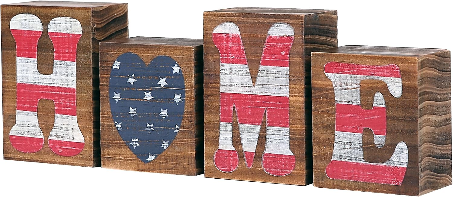 MyGift Patriotic Rustic Wooden Block Letters, Decorative Mantel and Tabletop American Flag Home Word Sign Perfect for Veterans Day