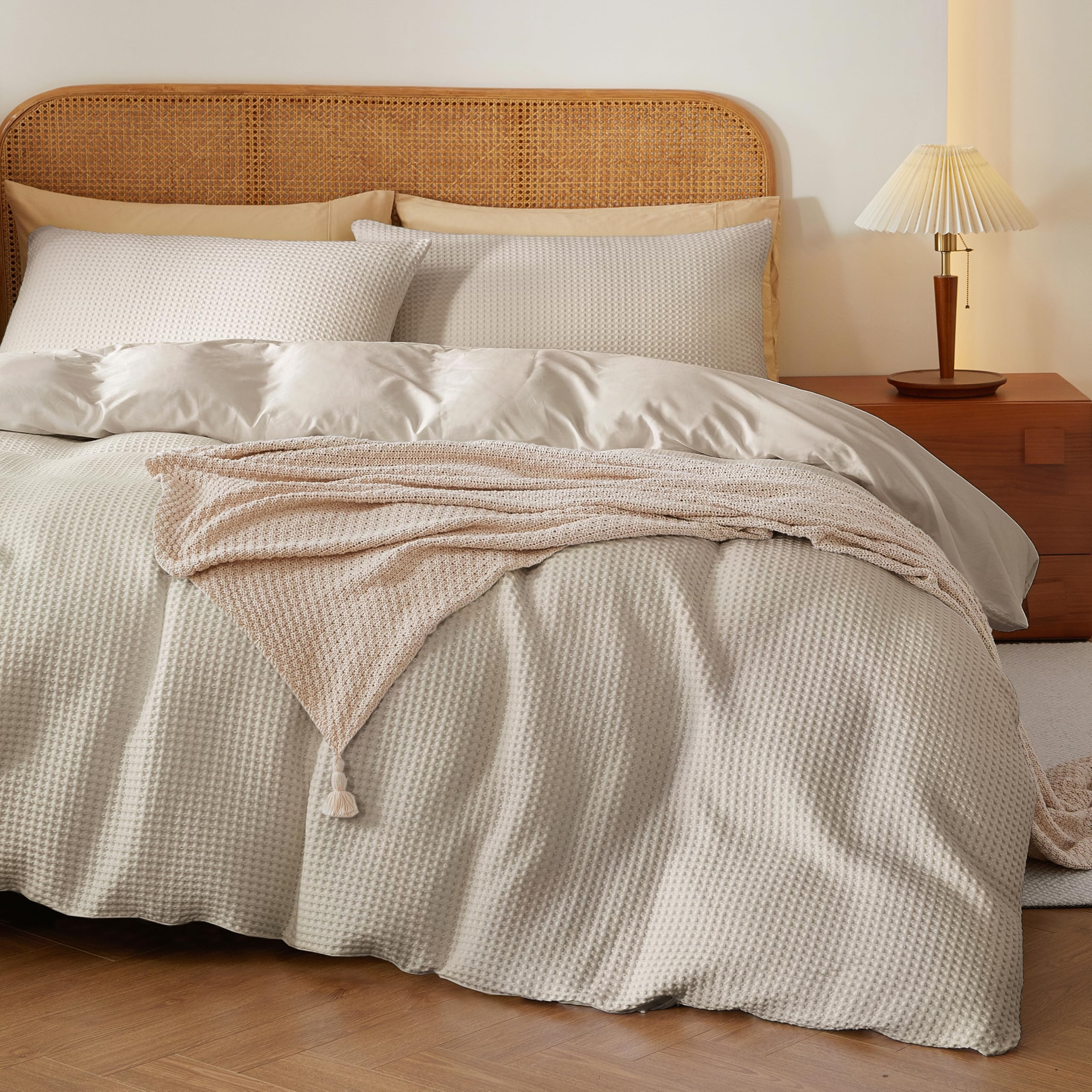 Cotton Duvet Cover Set Twin Size,100% Egyptian Cotton Waffle Weave Duvet Cover, Soft Breathable Bedding Comforter Cover Set for All Season, 2 PCS, 1 Duvet Cover and 1 Pillowcase, Beige, 68" x 90"-image-0