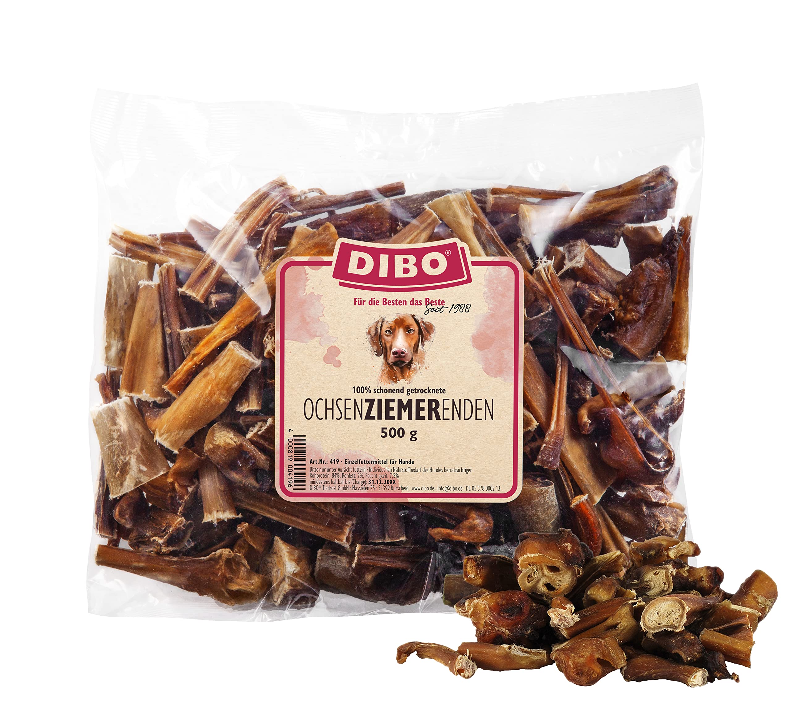 DIBO Extremos de Buey, Bolsa de 500 g, el pequeño Aperitivo Natural o golosina para morder, Comida para Perros, artículo masticable de Calidad sin Productos químicos