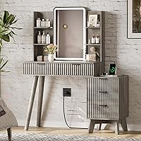 Vista 23 de Mesa de tocador con espejo de luces LED y toma de corriente, juego pequeño de mesa de maquillaje con cajones de almacenamiento y silla, 3 modos