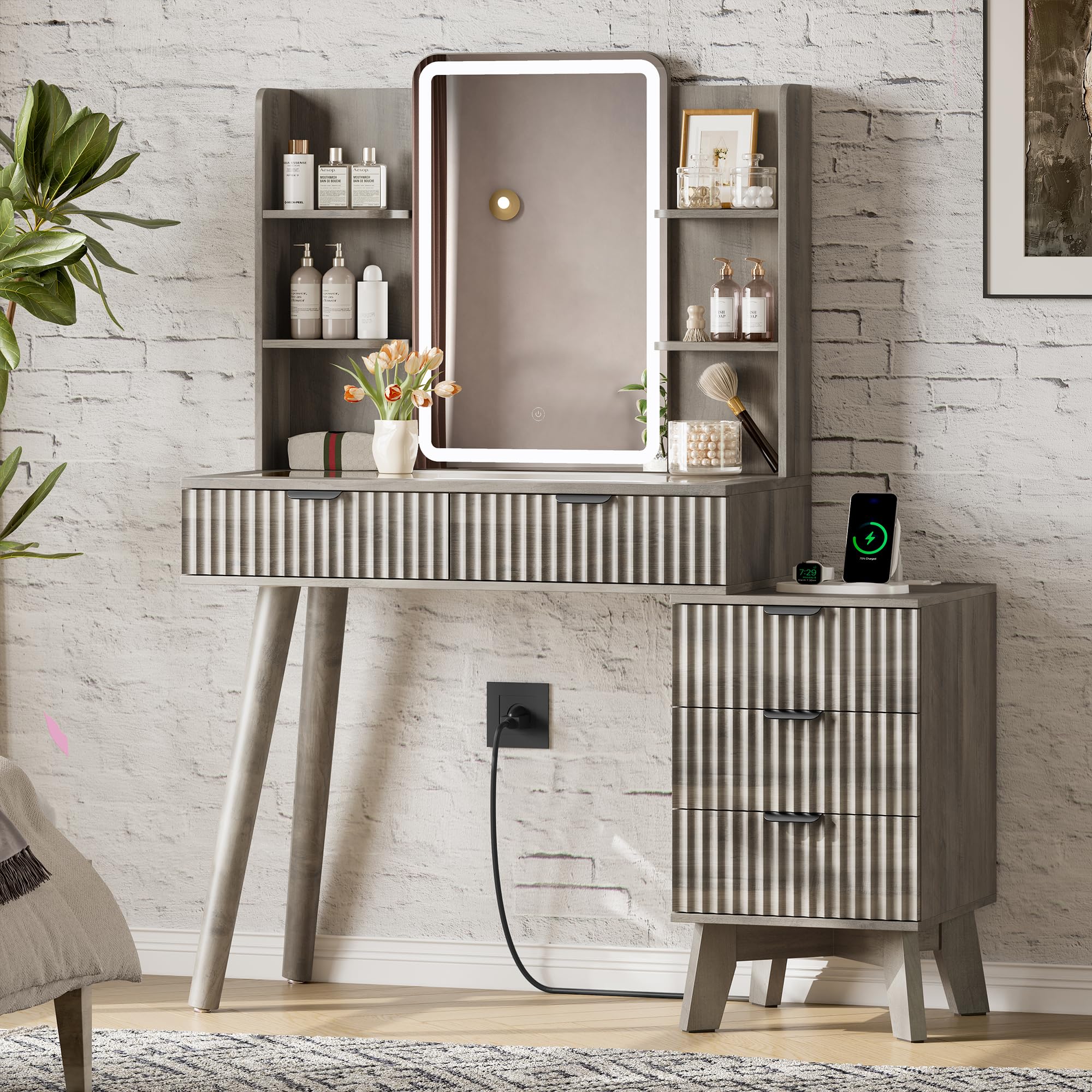 Xixini Fluted Vanity Desk with LED Lights Mirror &amp; Charging Station, Grey