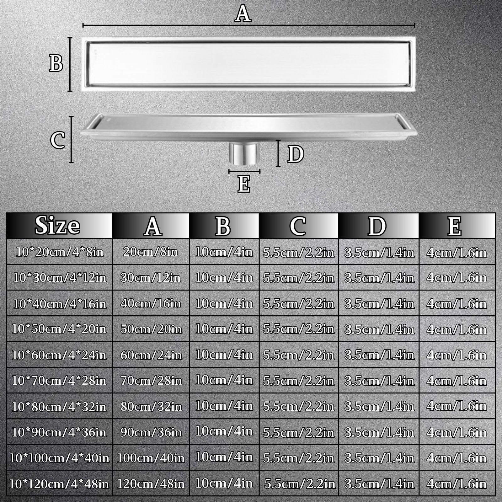 Desagüe Lineal de Ducha 10cm de Ancho Plata Acero Inoxidable Baño Accesorios Fácil Instalación Desagüe de Piso Extraíble con Anti-Obstrucción Filtro para Cocina Baño(10 * 70cm)