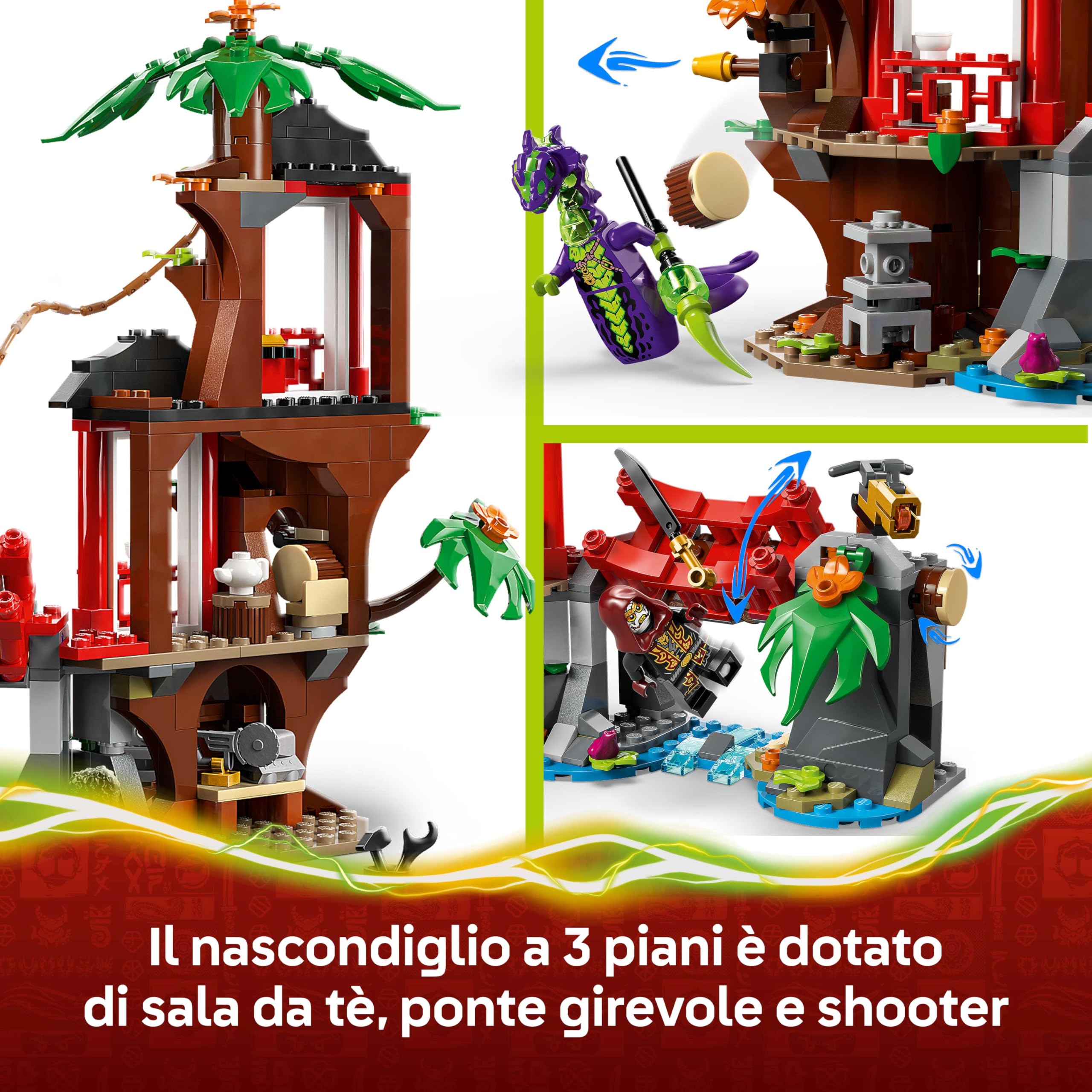 LEGO NINJAGO Battaglia alla Casa sull’Albero con Veicolo Ninja - Giocattolo d'Azione con Moto, Elicottero, 6 Minifigure e Spade - Idea Regalo per Bambini e Fan da 7 Anni in su - 71857