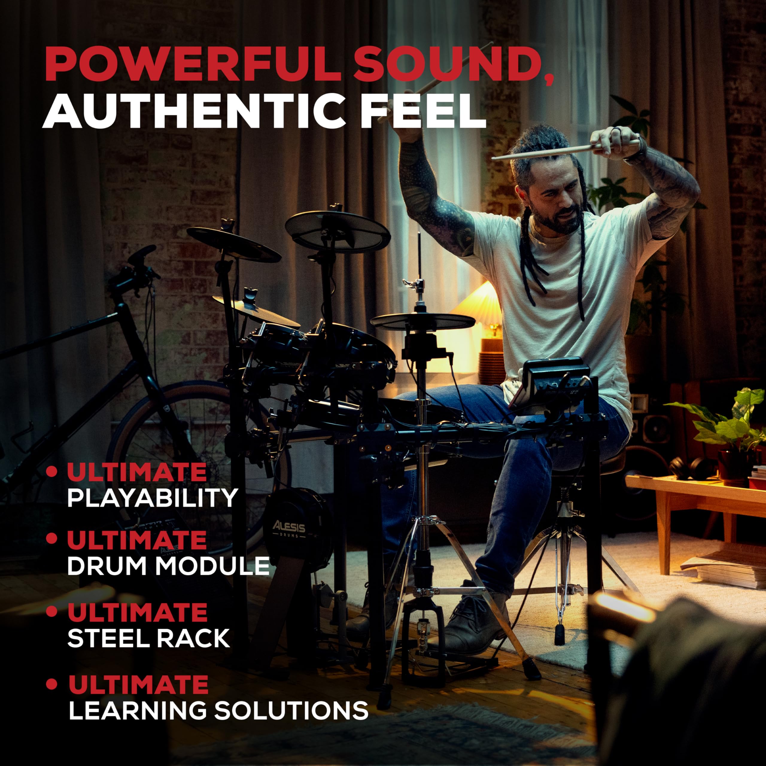Alesis Nitro Ultimate Elektroniczny Zestaw Perkusyjny z Podwójnymi Padami Siatkowymi, Niezależnym Hi-Hatem, 640 Brzmieniami BFD 52 Zestawami, Bluetooth, Drumeo, USB MIDI, Podwójną Stopą Basową