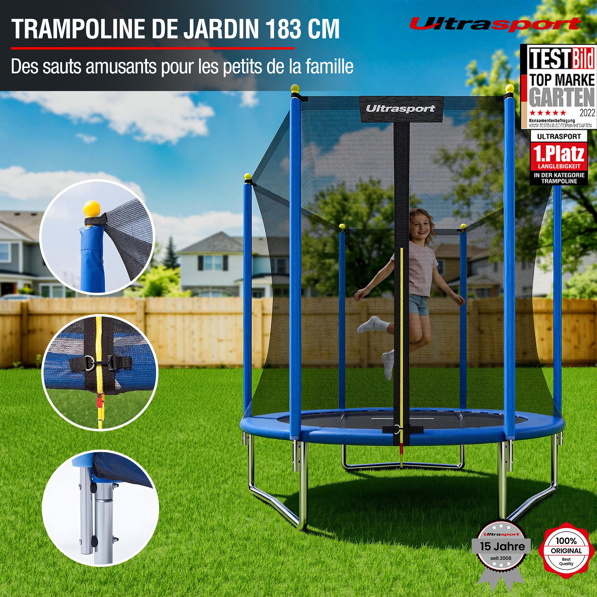Ultrasport Uni-Jump Trampoline d'extérieur pour enfants, charge jusqu'à 150 kg, kit complet avec filet de sécurité, housse de bord et kit de montage, trampoline de sol, trampoline de jardin