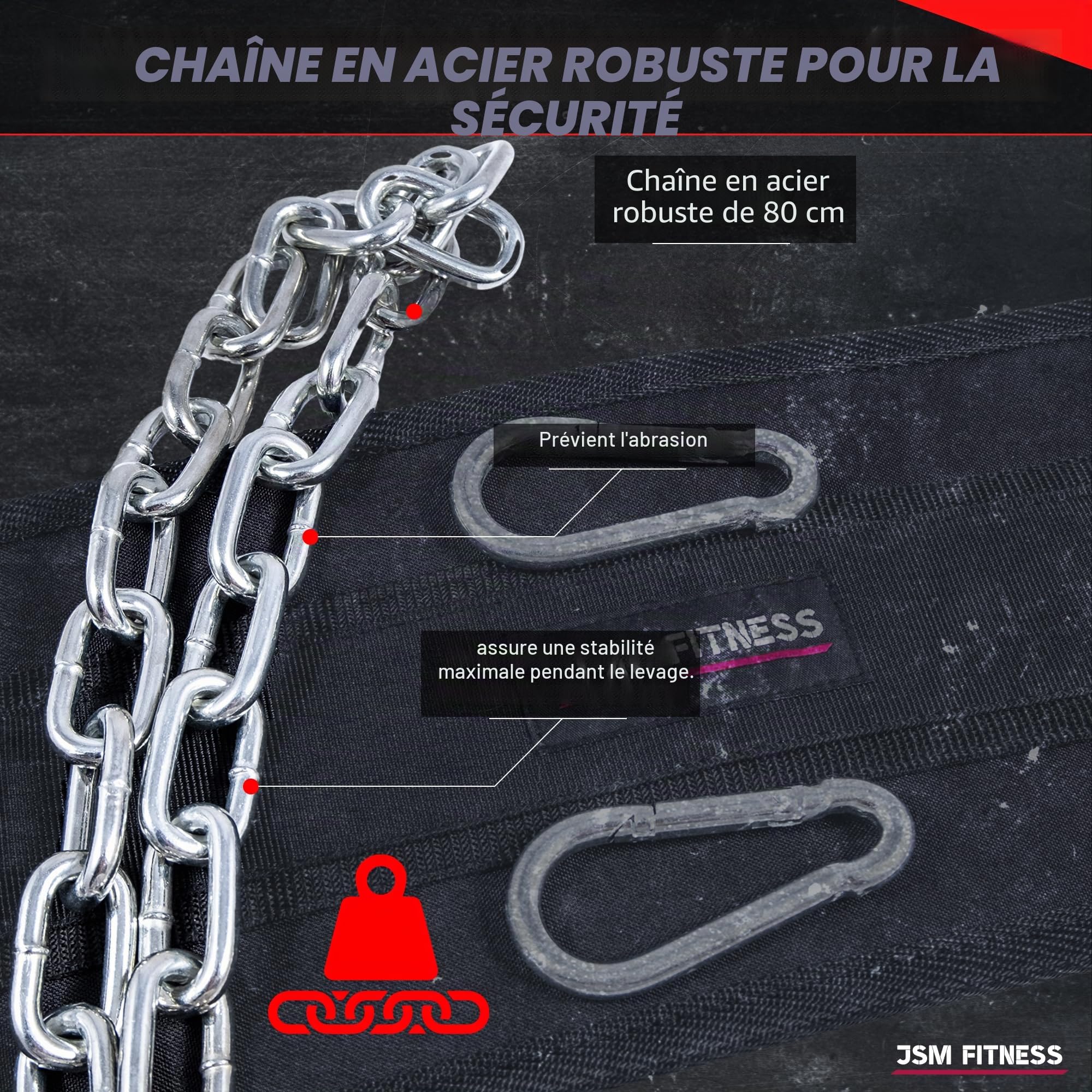 Ceinture Lestée Musculation avec Chaîne Acier 240kg - Ceinture Musculation Homme + 2 Mousquetons, Confort Néoprène pour Dips, Tractions, Haltérophilie, Bodybuilding, CrossFit & Fitness