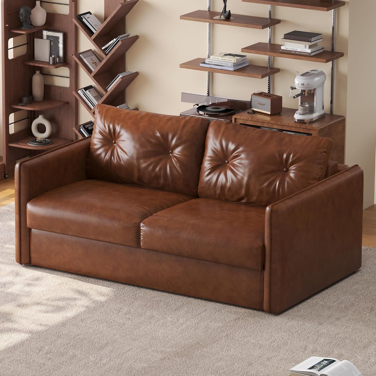 63" Pull-Out Sofa Bed, Faux Leather Futon Sleeper Couch, Convertible Loveseat Couch Beds with Tufted Backrest for Living Room, Apartment or Office