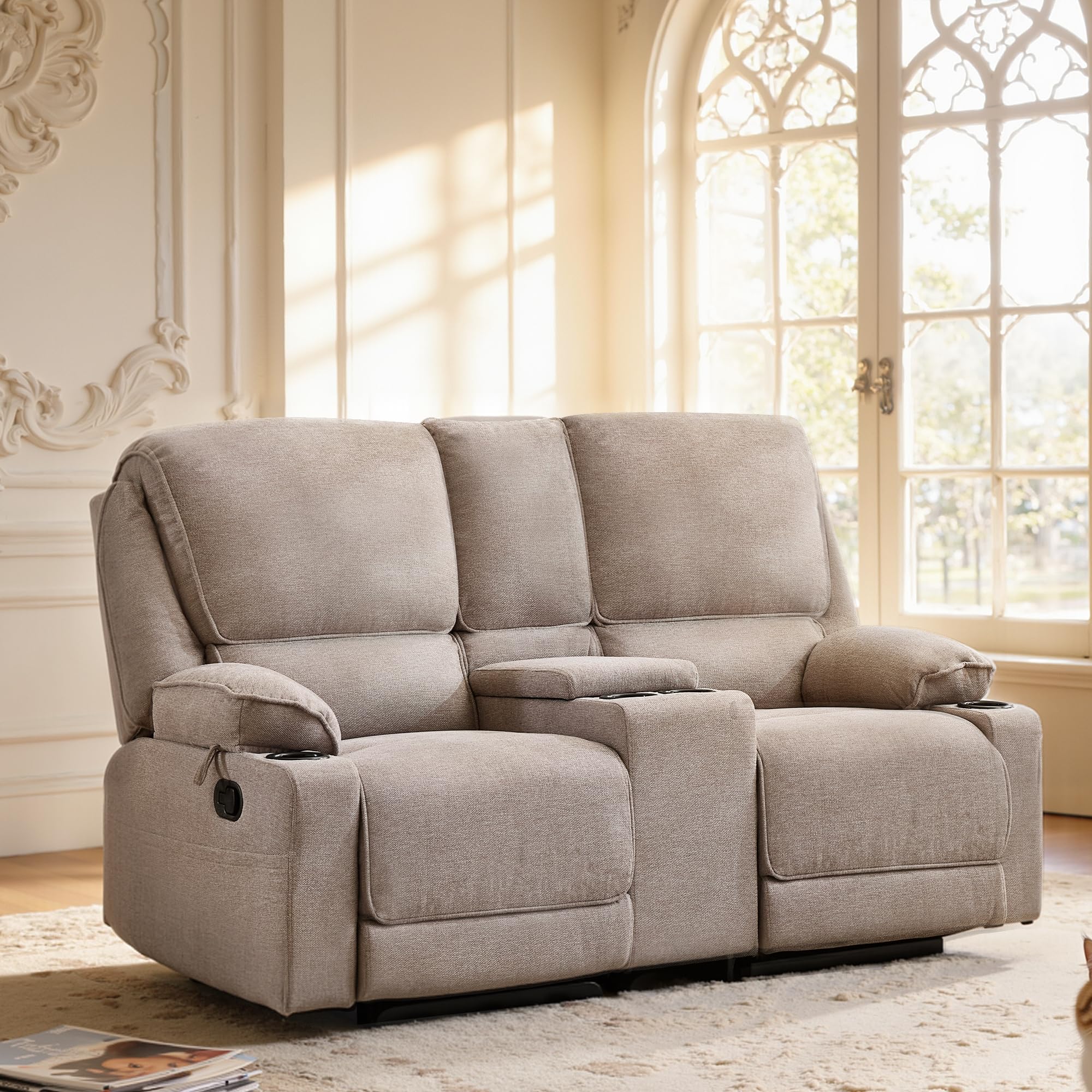 2er Kinosessel Relaxsessel mit Liegefunktion, 2 Sitzer Fernsehsessel TV Sessel mit Konsole, 4 Getränkehalter Cupholder, zweisitzer Sofa für Wohnzimmer (Hellgrau)