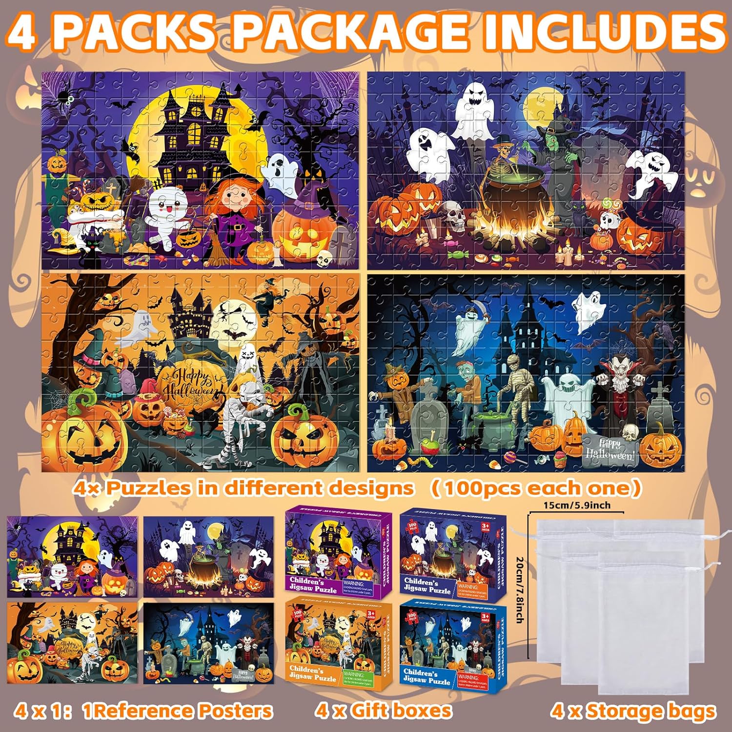 4 Packs 100Pcs Halloween Puzzle for Kids Ages 4-6 Halloween Pumpkin Jigsaw Puzzles for Toddlers 3-5 Ghost Castle Kids Puzzles Toys for Educational Game Spooky Family Puzzle Gift for Boys Girls