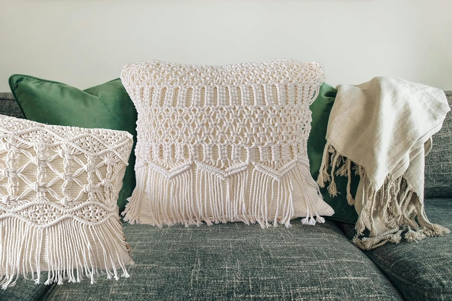 kiido Throw Pillow Covers Macrame Cushion Case Woven Boho Comfy Square Pillow Cases with Tassels Set of 2 Decorative Pillowcase (17X17) AB Style-Wave