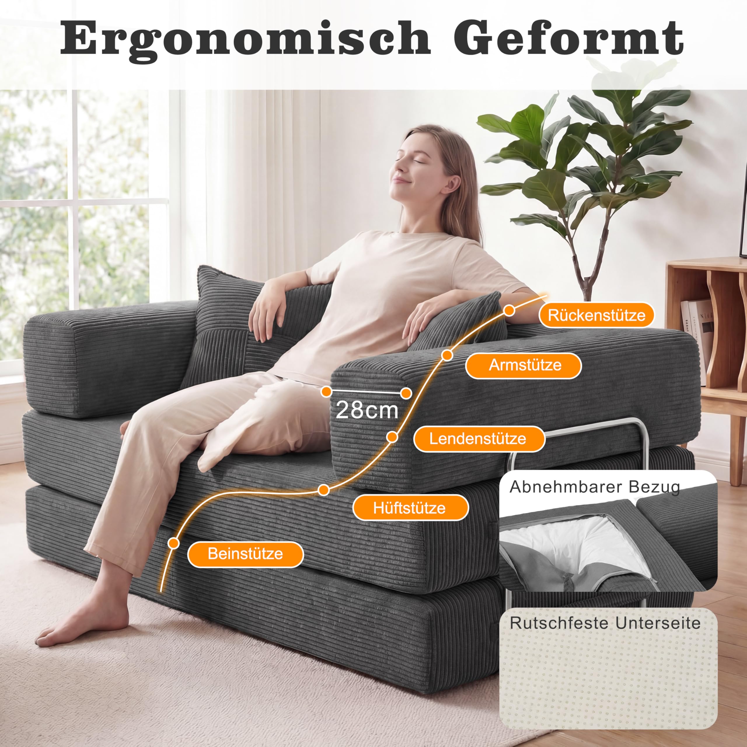 Vipbear Divano letto velluto a coste 160×90×70 cm, divano a pavimento trasformabile 5-in-1, schiuma ad alta densità, pet-friendly ed ergonomico, senza montaggio, Grigio