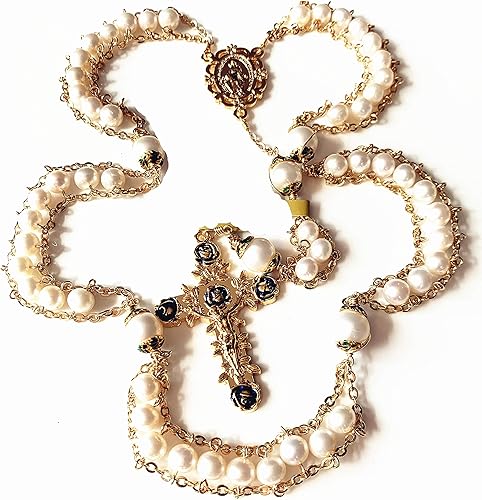 elegantmedical Hecho a mano 18K chapado en oro de la escalera al cielo perla y perlas reales AAA10mm collar de crucifijo rosario católico, Perla,