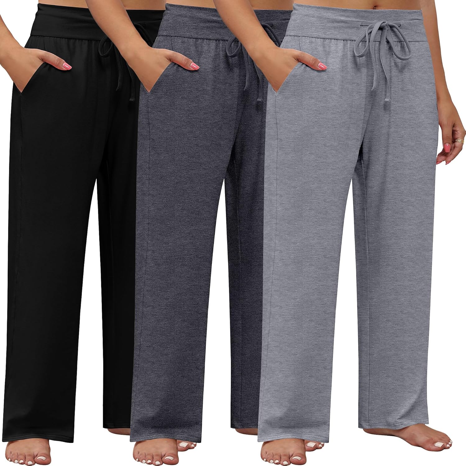 Neer 3 Pack Women's Plus Size Lounge Pants, Wide Leg Yoga Pants Baggy Drawstring Sweatpants with Pockets Casual Loose Jogger