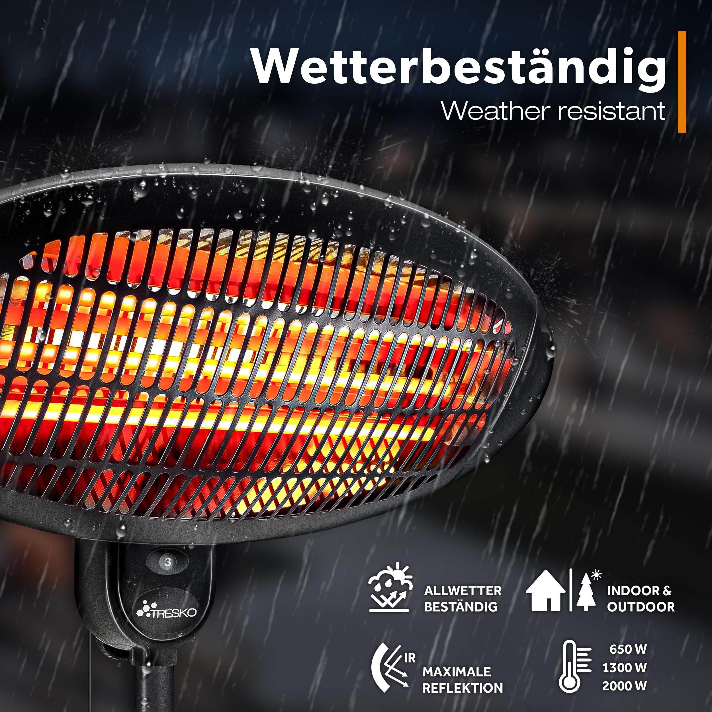 TRESKO Infrarot Stand-Heizstrahler 2000W | Wärmestrahler Terrasse elektrisch mit 3 Heizstufen | Terrassenstrahler Innen & Außen | Infrarotstrahler mit LED-Anzeige