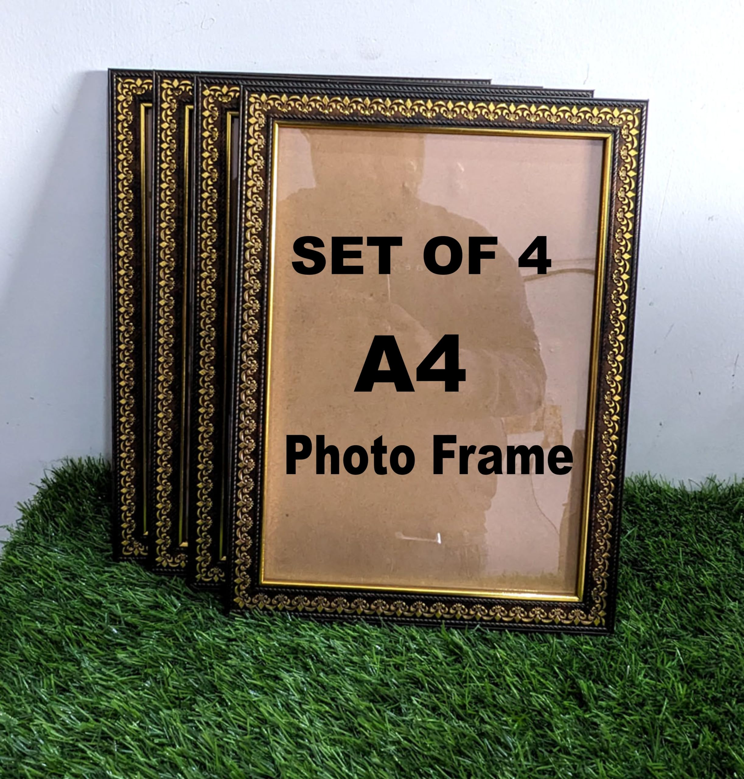 Photo Frame A4 Size For Wall Picture Frame For Home and Office Decoration (4 Set Photo Frame) (Brown Golden), Wood