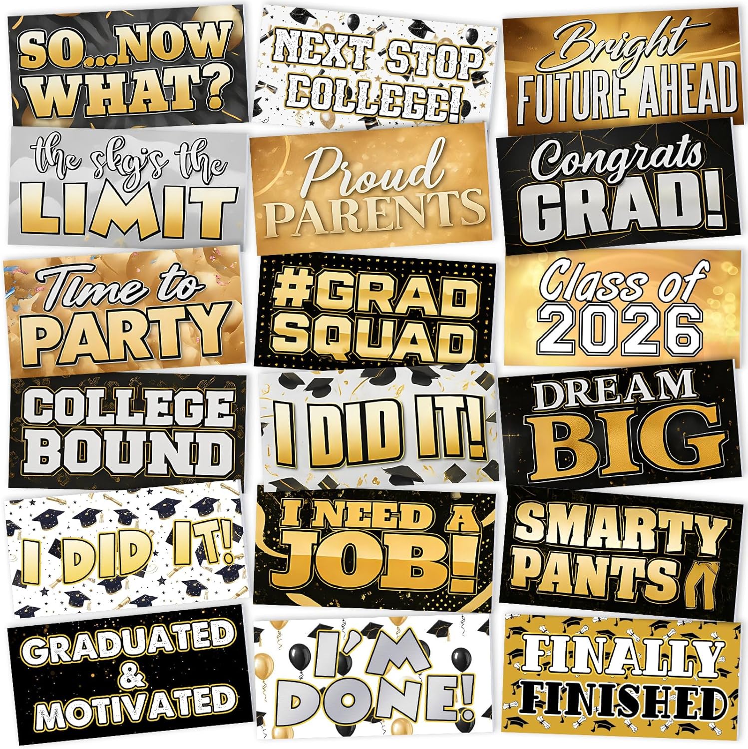 Beeveer 24 Designs 2026 Graduation Photo Booth Props Double Sided 11x5.51'' Graduation Party Decoration Gold Black Picture Props for Photoshoot Supplies Waterproof Selfie Signs PVC for Party Supplies