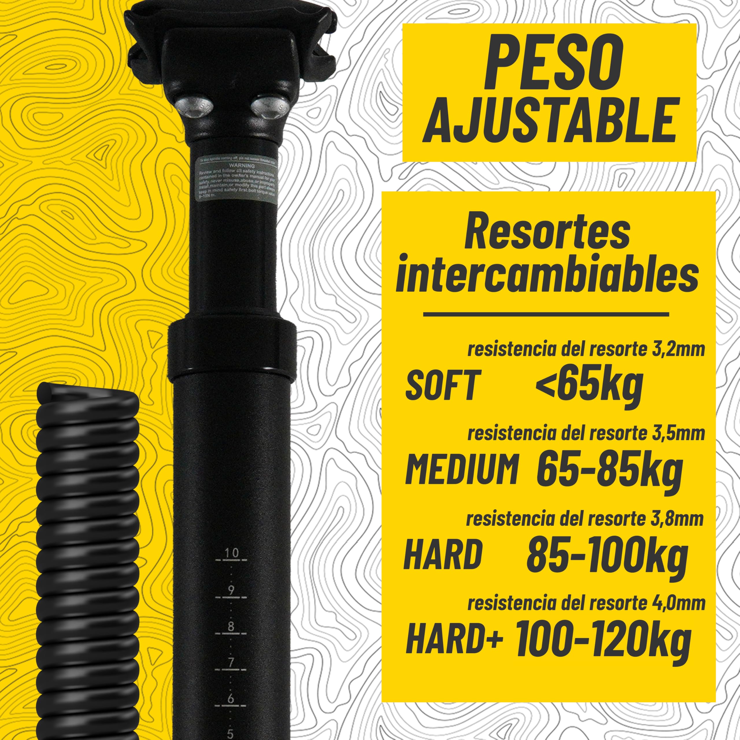 Tija de Sillín Amortiguada Ø 30,9 mm - Amortiguador suspensión de Sillín para Aliviar la Columna Vertebral - Incluye 4 Resortes para Tija de Sillín, Adecuada para Pesos de 65 kg a 120 kg