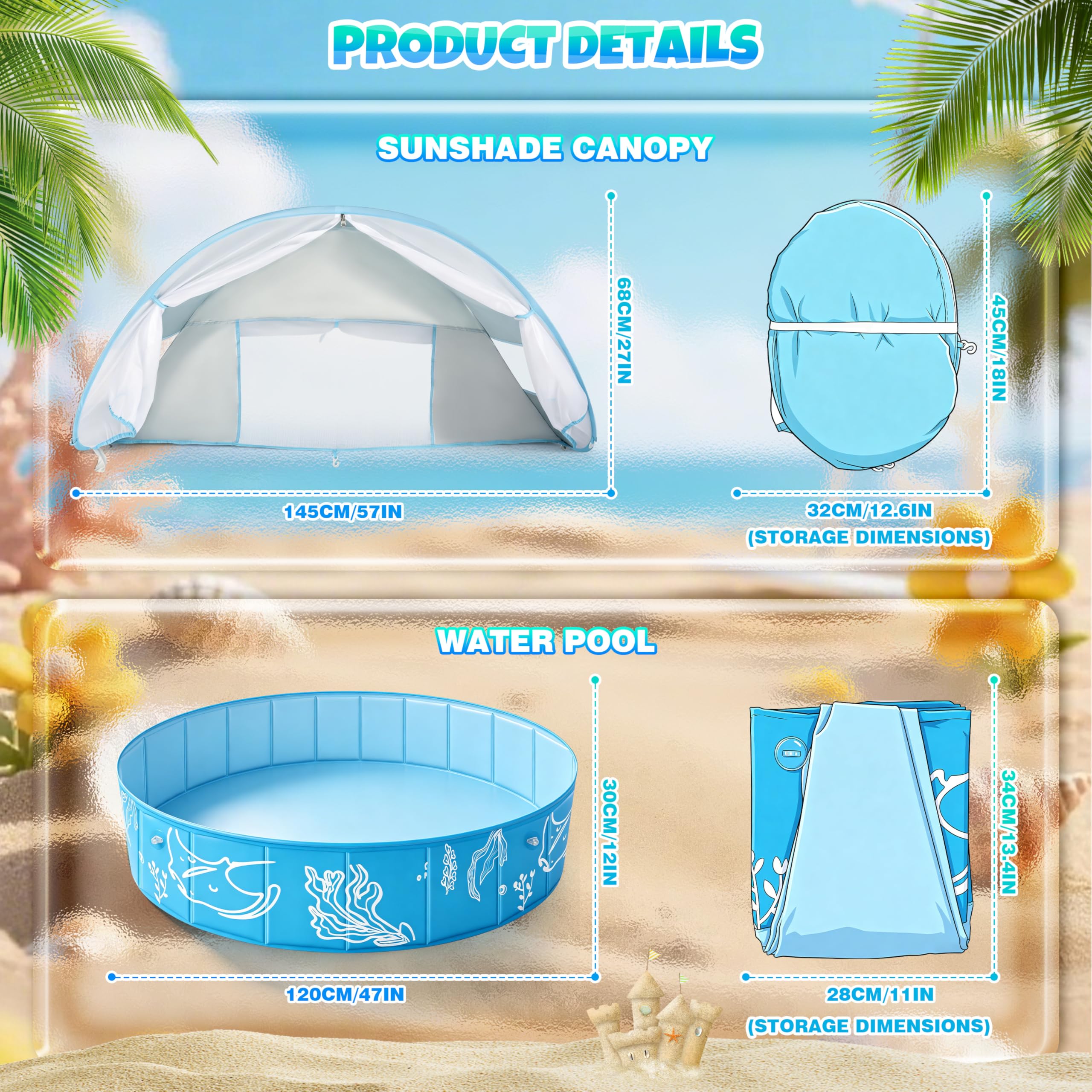 4-in-1 Pop Up Baby Planschbecken Groß, Strandmuschel Baby Bällepool mit UV Schutz SPF 50+, BabyPool mit Dach, Tragbare Spielzelt Bällebad für Picknick, Garten, Strand (120 * 30)
