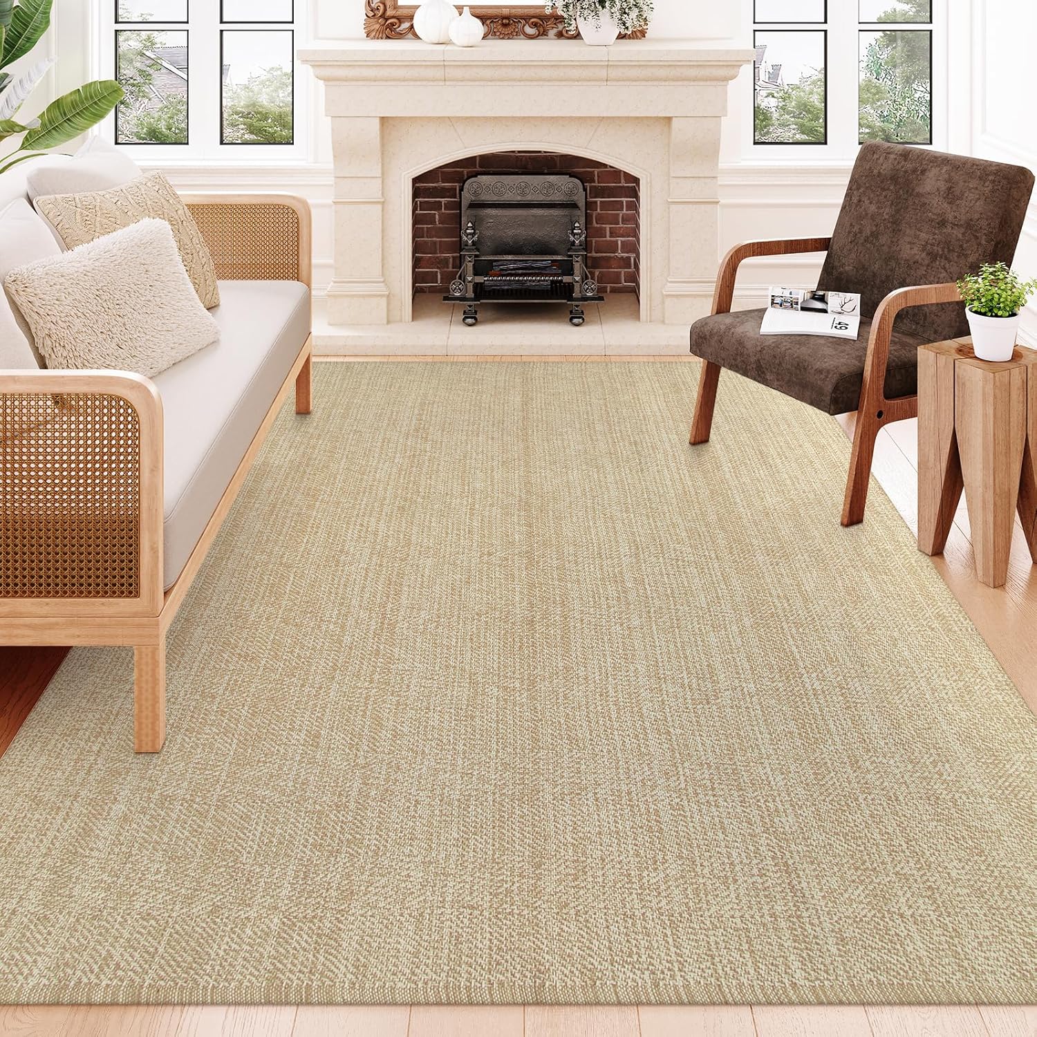 Collive Boho Rugs for Living Room 6x9 Tan, Washable Large Area Rug Braided Woven Cotton Bedrom Rug, Modern Floor Carpet Door Rugs for Nursery Room Office, Outdoor Rug for Patio Balcony Courtyard Decor Tan/Cream 6' X 9'