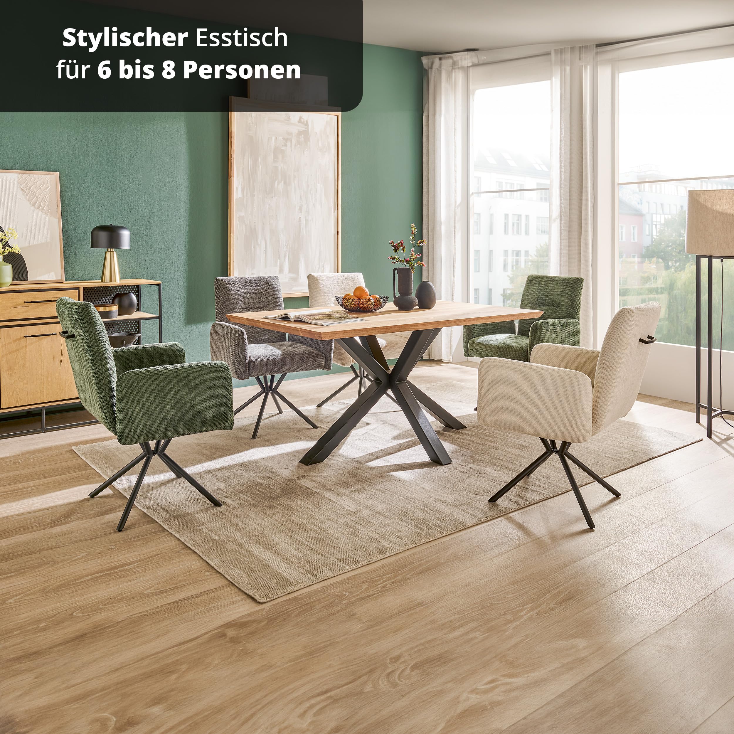 KHG Esstisch 160 x 90 cm Küchentisch aus massiver Eiche geölt - Schweizer Kante, Sterngestell Metall schwarz, Industrial Design, Tisch für 6-8 Personen, belastbar bis 50 kg