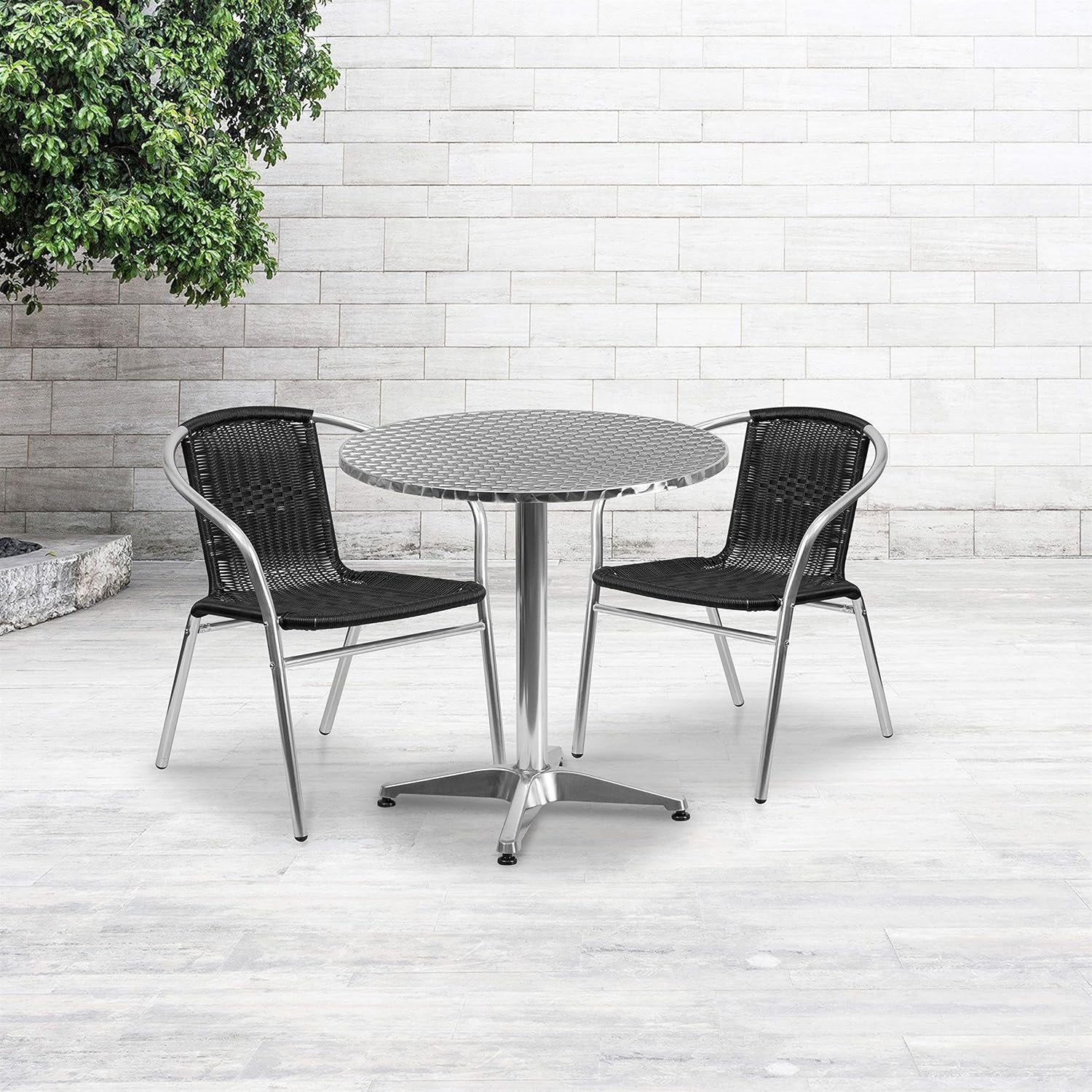 BOWERY HILL 3 Piece Round Patio Dining Set, Aluminum and Black Finish, Includes Table and 2 Chairs, Lightweight Design, Stainless Steel Top, Indoor/Outdoor Use, Commercial or Residential Patio