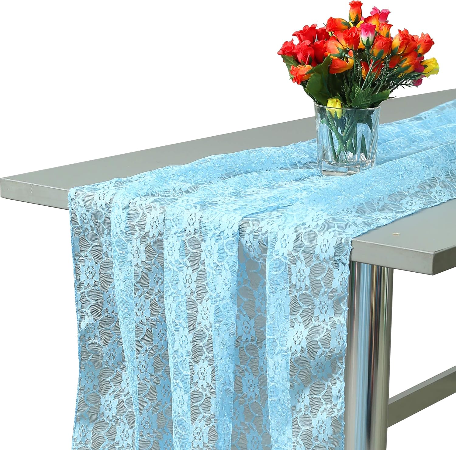 MDS Pack of 10 Wedding 27 x 170 inches Long Sheer lace Table Runner for Wedding Banquets Decorations Birthday Parties, Engagements, Rustic Boho for 14Feet Table Runners - babay Blue