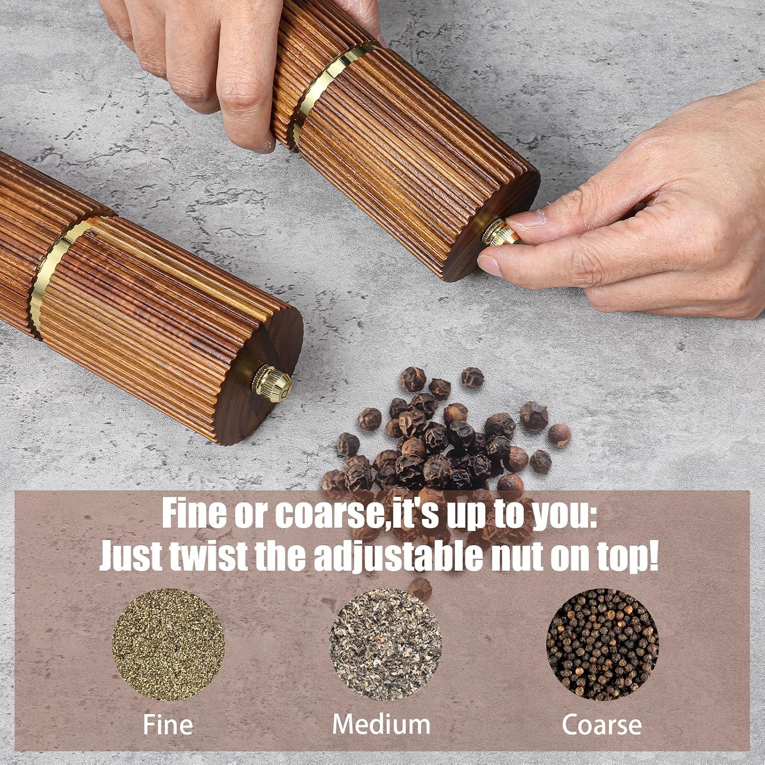 Wooden Salt and Pepper Grinder Set, Refillable Wooden Manual Salt and Pepper Mill Set with Adjustable Coarse Settings Rust Resistant Salt and Pepper Shakers Matching Wood Stand, Ideal for Gifting