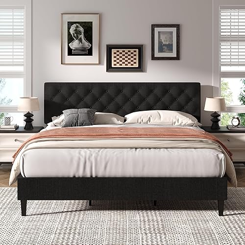 Miniatura 32 de BarnFurin Base de cama Queen, plataforma tapizada con cabecera capitoné con botones, camas de tela tamaño Queen con soporte de listones de madera,
