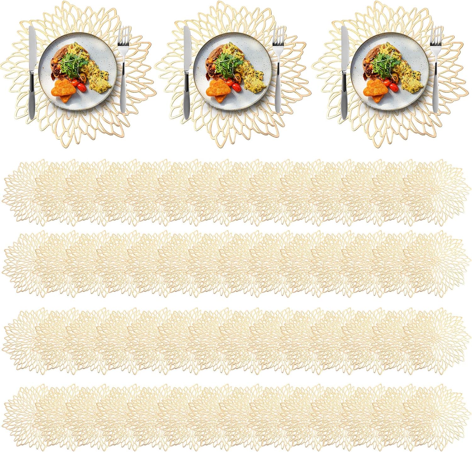 Chengu 150 Pieces Round Pressed Vinyl Placemats Metallic Hollow Out Leaf Flower Table Mats Decorative Wedding Round Placemat for Holiday Party Reception Home Kitchen Dining Table(Gold) INCOMPLETE