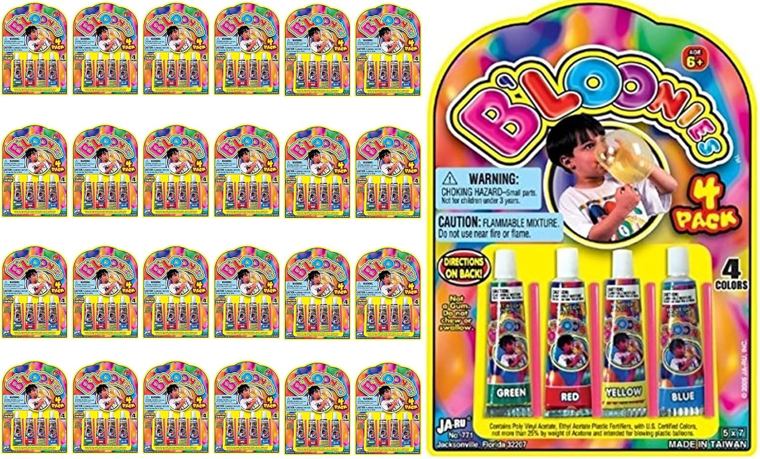 JA-RU B'loonies Plastic Balloons Variety 4 (96 Tubes in 24 Packs) Original Bloonies Bubble Making Toy Classic Retro Toys for Kids & Adults Fidget Toy Party Favor for Kids Birthday. 771-24s