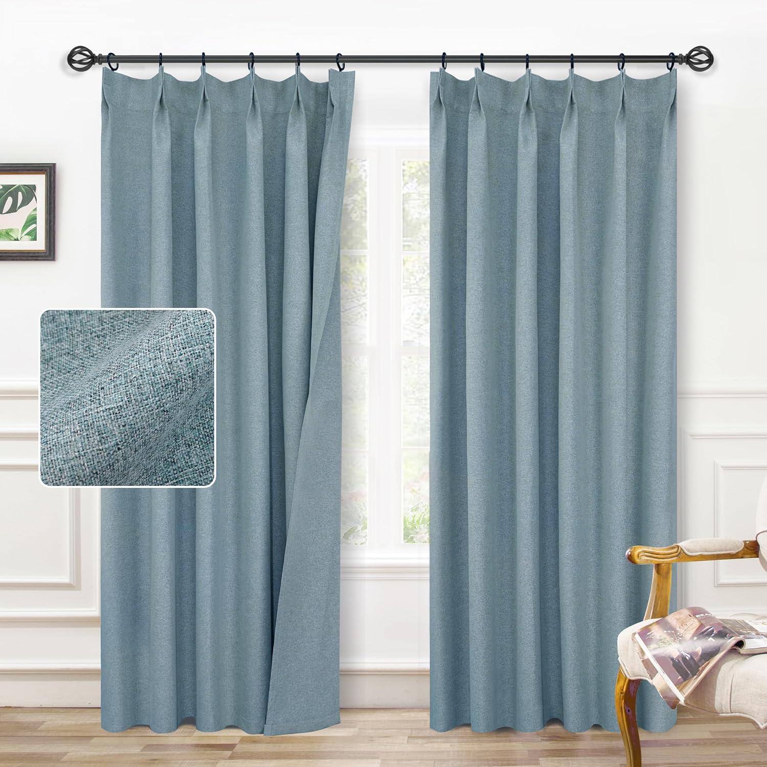 DriftAway Pinch Pleated 100% Blackout Linen Window Curtains for Living Room W42 by L84 Inch Long 2 panels Full Light Blocking Drapes for Bedroom Farmhouse Modern Rustic Thermal Insulated Blue Curtains