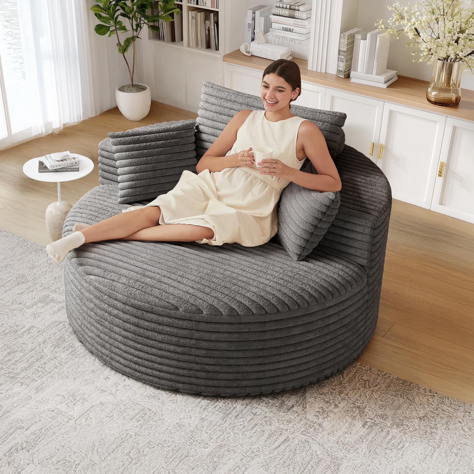 IZLKQC 50" Oversized Round Chaise Lounge Indoor, Upholstered Corduroy Sofa Bed with Deep Seat, Single Circle Sofa Chair for Living Room, No Assembly