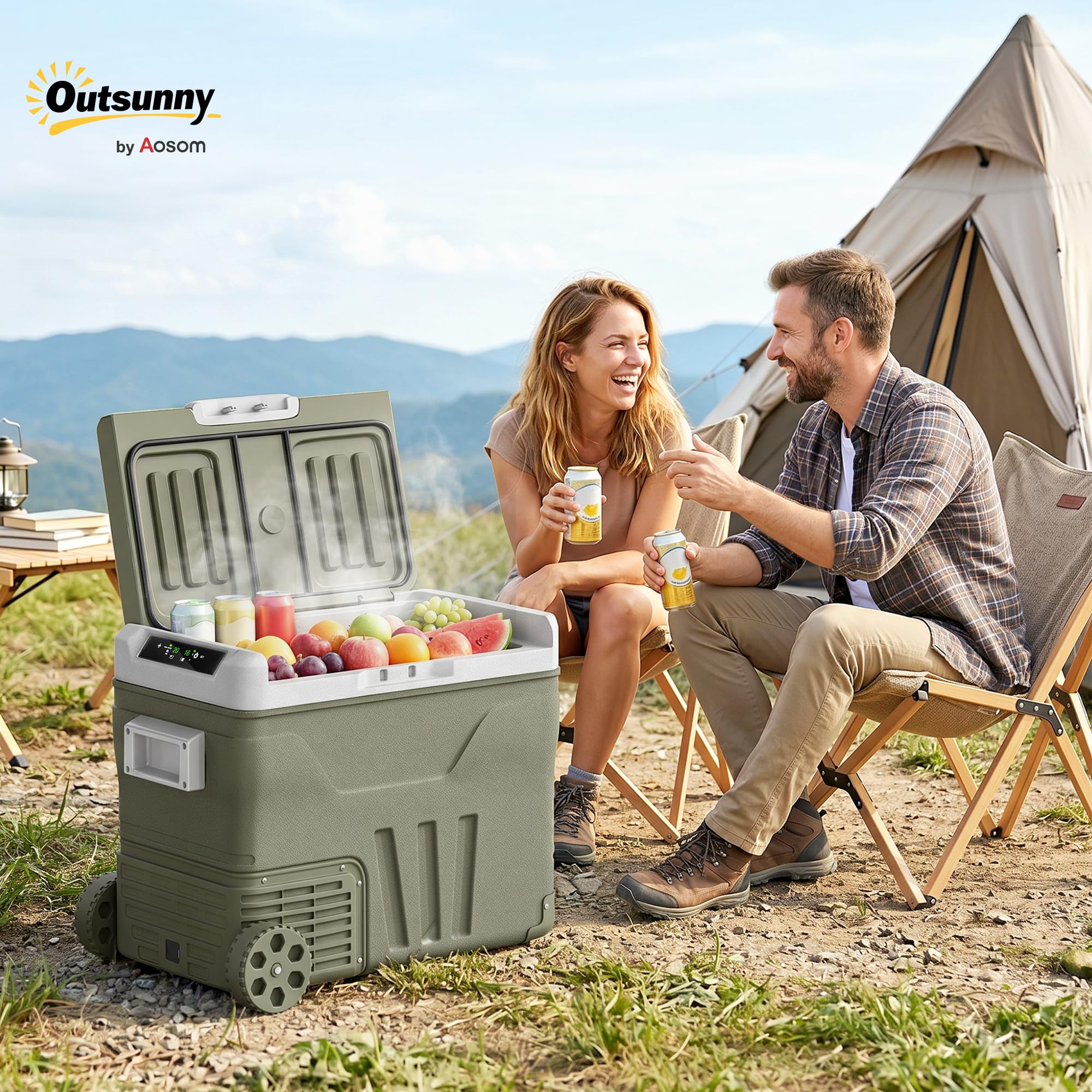 Outsunny Nevera Portátil Eléctrica 45L 12V/24V 64,5x43,5x53 cm Verde | Refrigerador de Coche, -20℃ a +20℃, Mini Frigorífico, con Ruedas, Compresor, Pantalla LED Táctil, para Camping Viajes