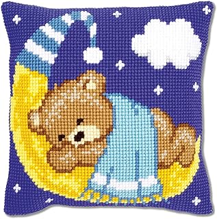 VERVACO Punto De Cruz Kit Cojin Decorativo OSO EN LA LUNA - AZUL Manualidades Adultos Decoracion Bordar Kit Principiantes Completo DIY Bordado Creativo Regalo ca. 40x40 cm Cross Stitch Embroidery
