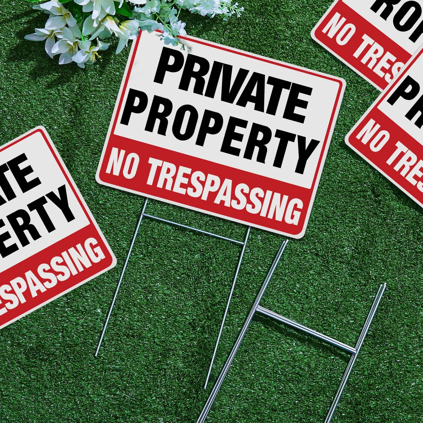 4 Stück 'Private Property No Trespassing' Schilder – 30,5x22,9 Cm, Wasserdicht, Mit H-Pfählen, Für Garten & Grundstück