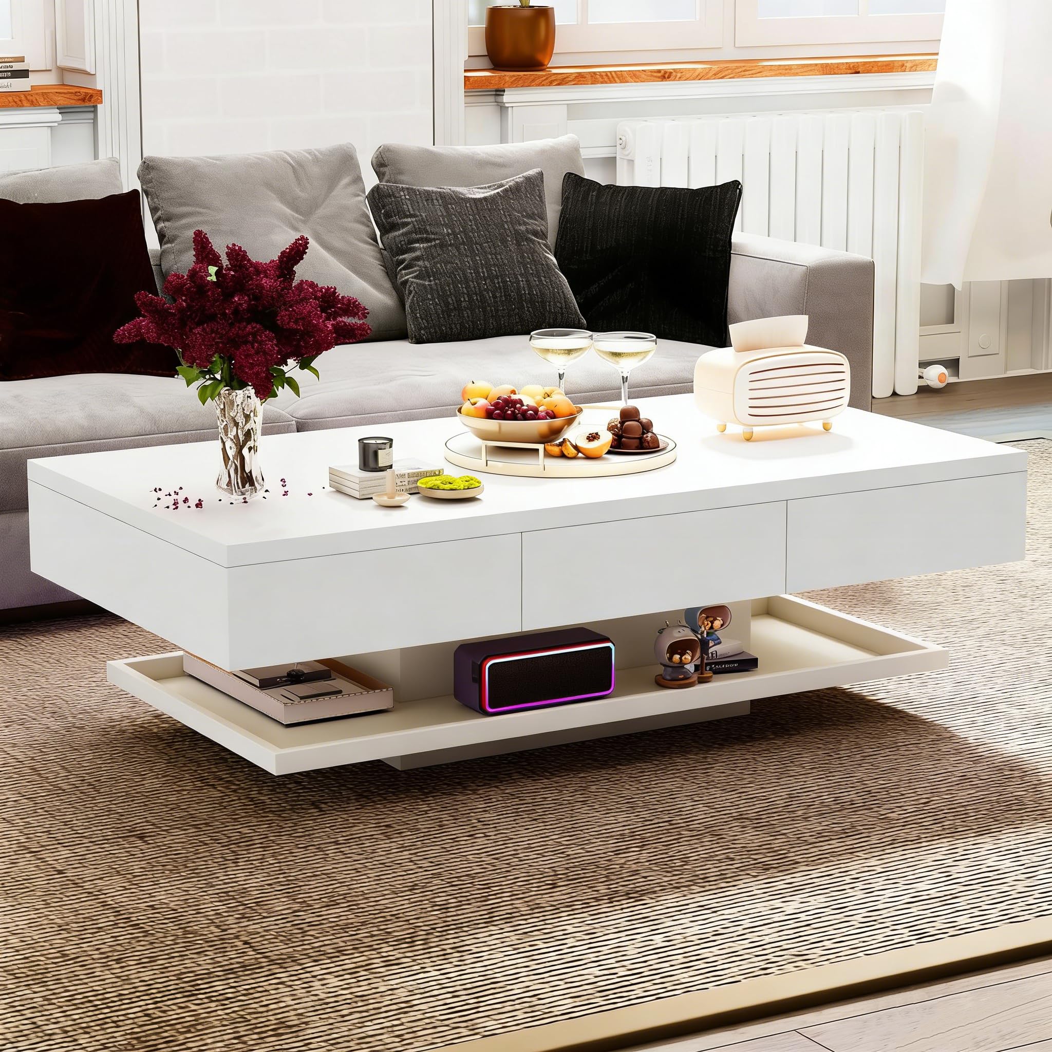 Couchtisch, Modern Sofatisch Wohnzimmertisch mit 2 Schublade, Wohnzimmertisch Hochglanz Modern, Beistelltisch Weiss mit Offenem Ausstellungsregal Weiß, 100 * 60 * 35cm(LED Nicht enthalten)