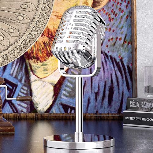 Miniatura 8 de Facmogu Accesorio de micrófono vintage plateado galvanizado, micrófono falso de plástico, accesorio de micrófono clásico retro, micrófono vintage